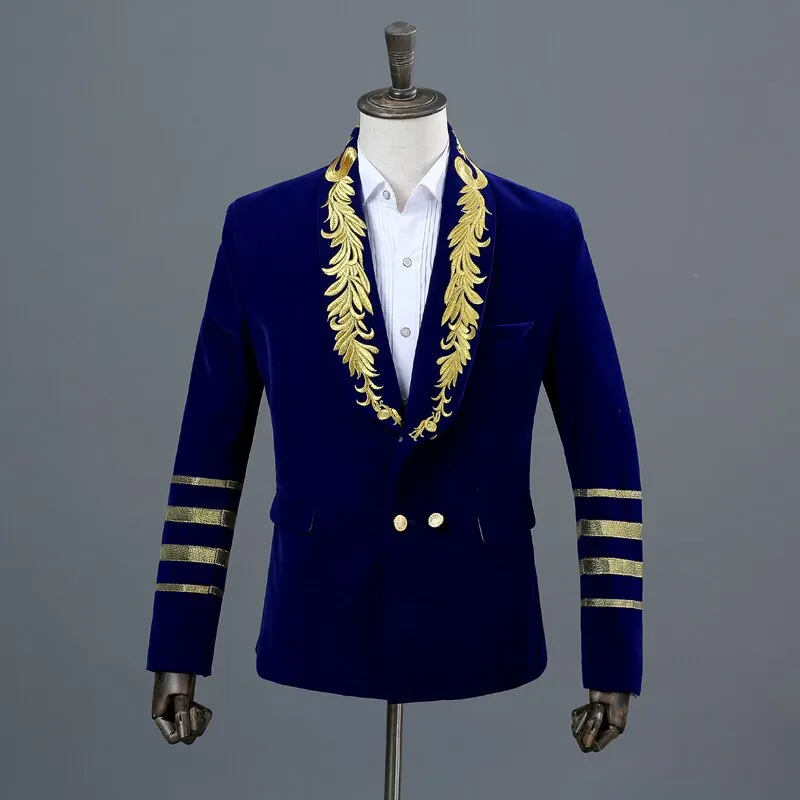 Gold Stickerei Blazer Jacke Männer Casual Revers Zweireiher Herren Schwarz Anzug Stage Prom Show Sänger Militärkleid Homme