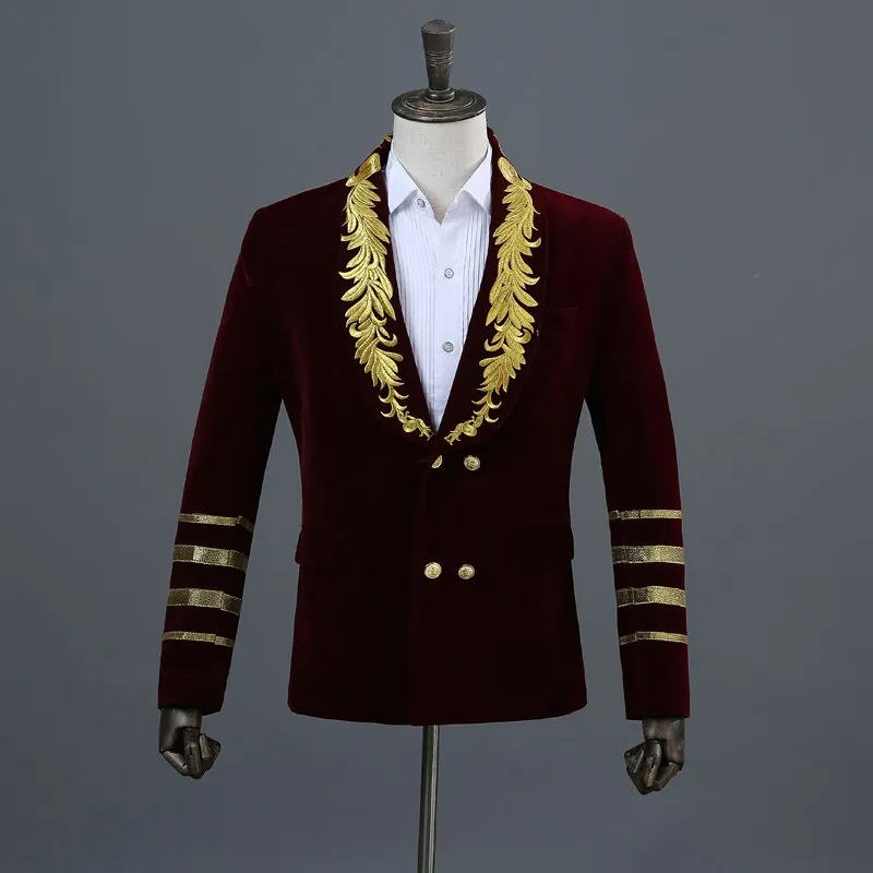 Gold Stickerei Blazer Jacke Männer Casual Revers Zweireiher Herren Schwarz Anzug Stage Prom Show Sänger Militärkleid Homme