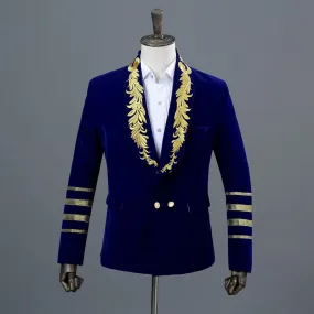Gold Stickerei Blazer Jacke Männer Casual Revers Zweireiher Herren Schwarz Anzug Stage Prom Show Sänger Militärkleid Homme