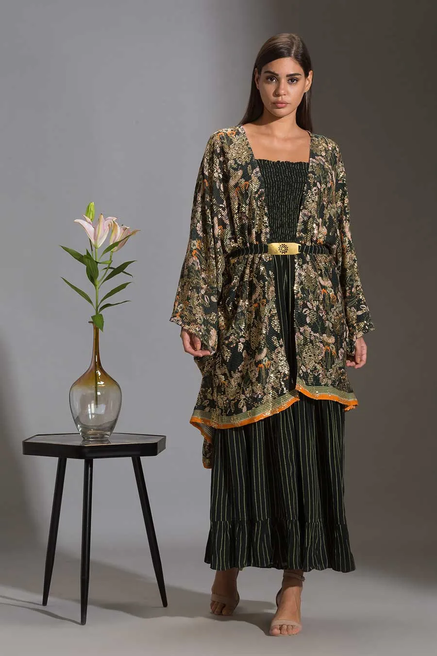 Green Tiered Jumpsuit & Sequin Jacket Set