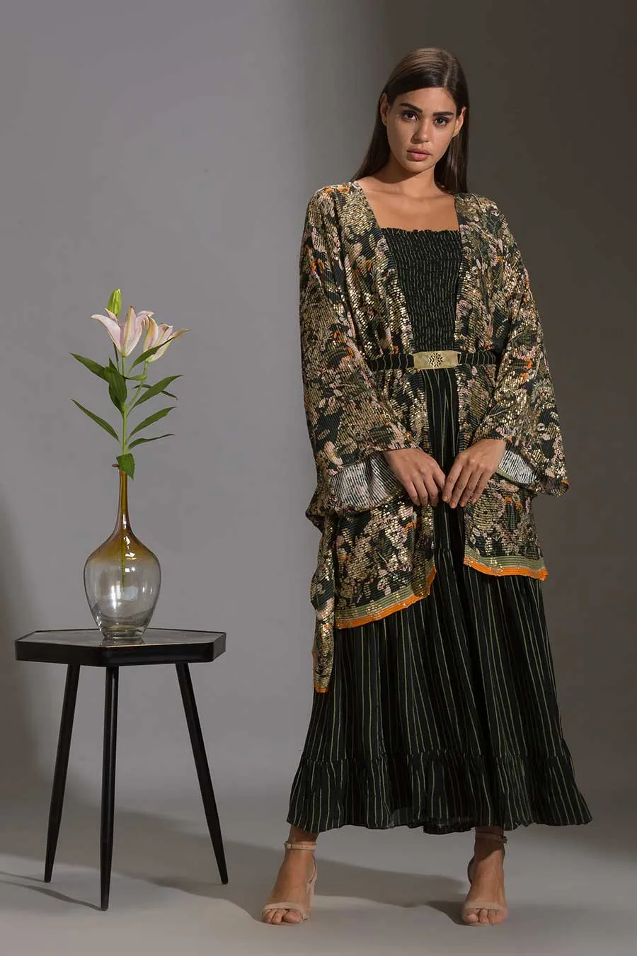Green Tiered Jumpsuit & Sequin Jacket Set
