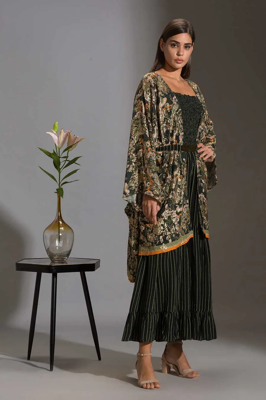 Green Tiered Jumpsuit & Sequin Jacket Set