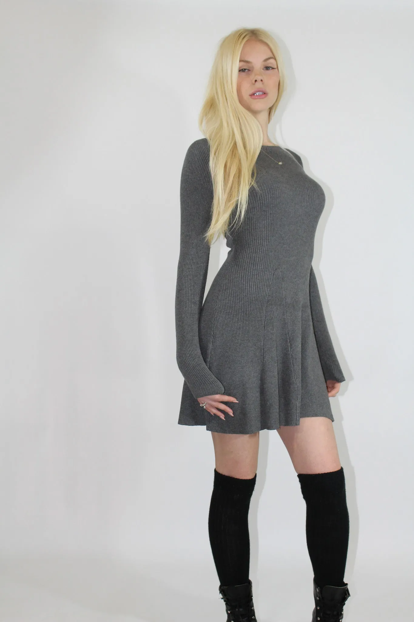 Grey Ribbed Fit and Flare Dress-333