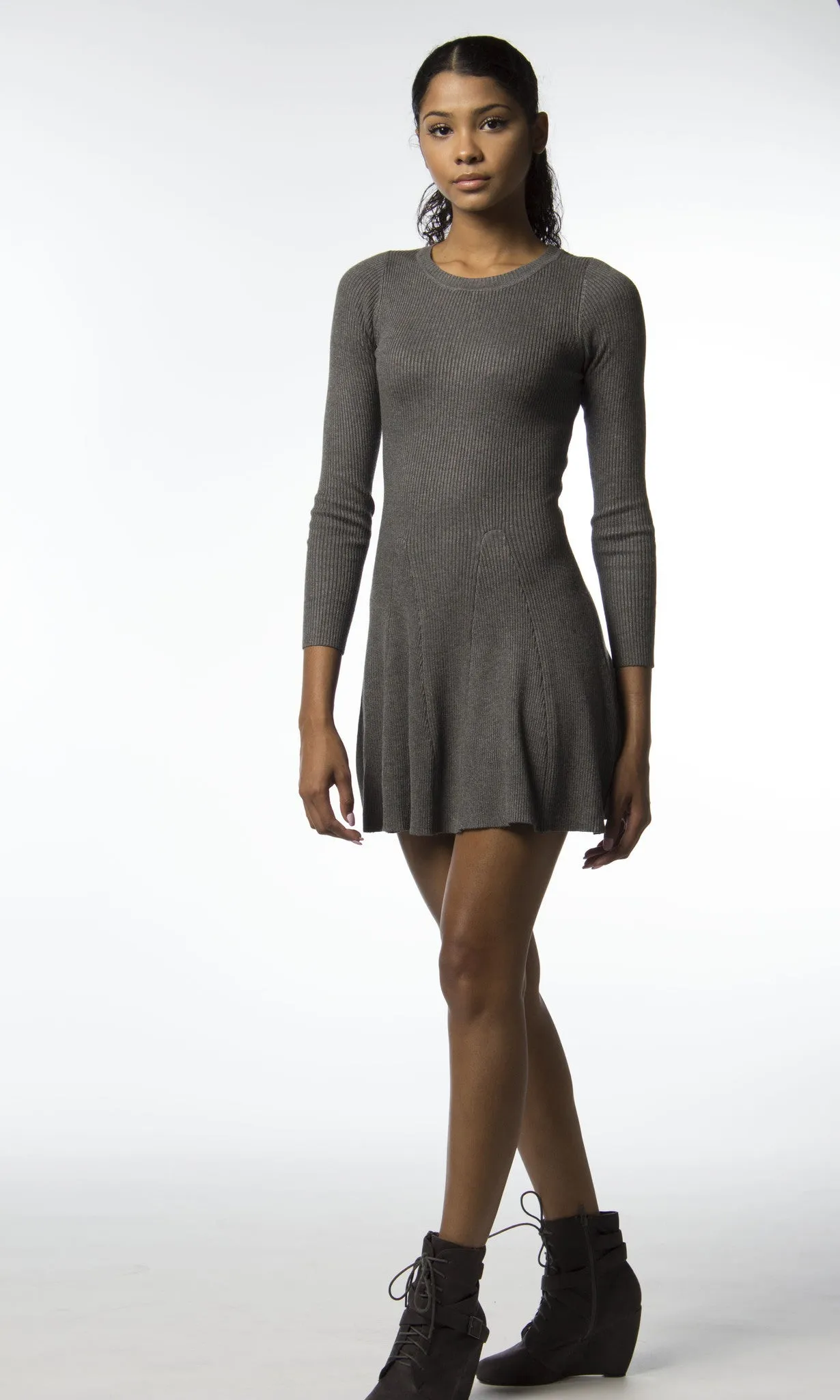 Grey Ribbed Fit and Flare Dress-333