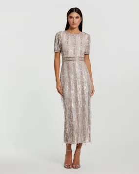 High Neck Short Sleeve Crystal Fringe Column Dress