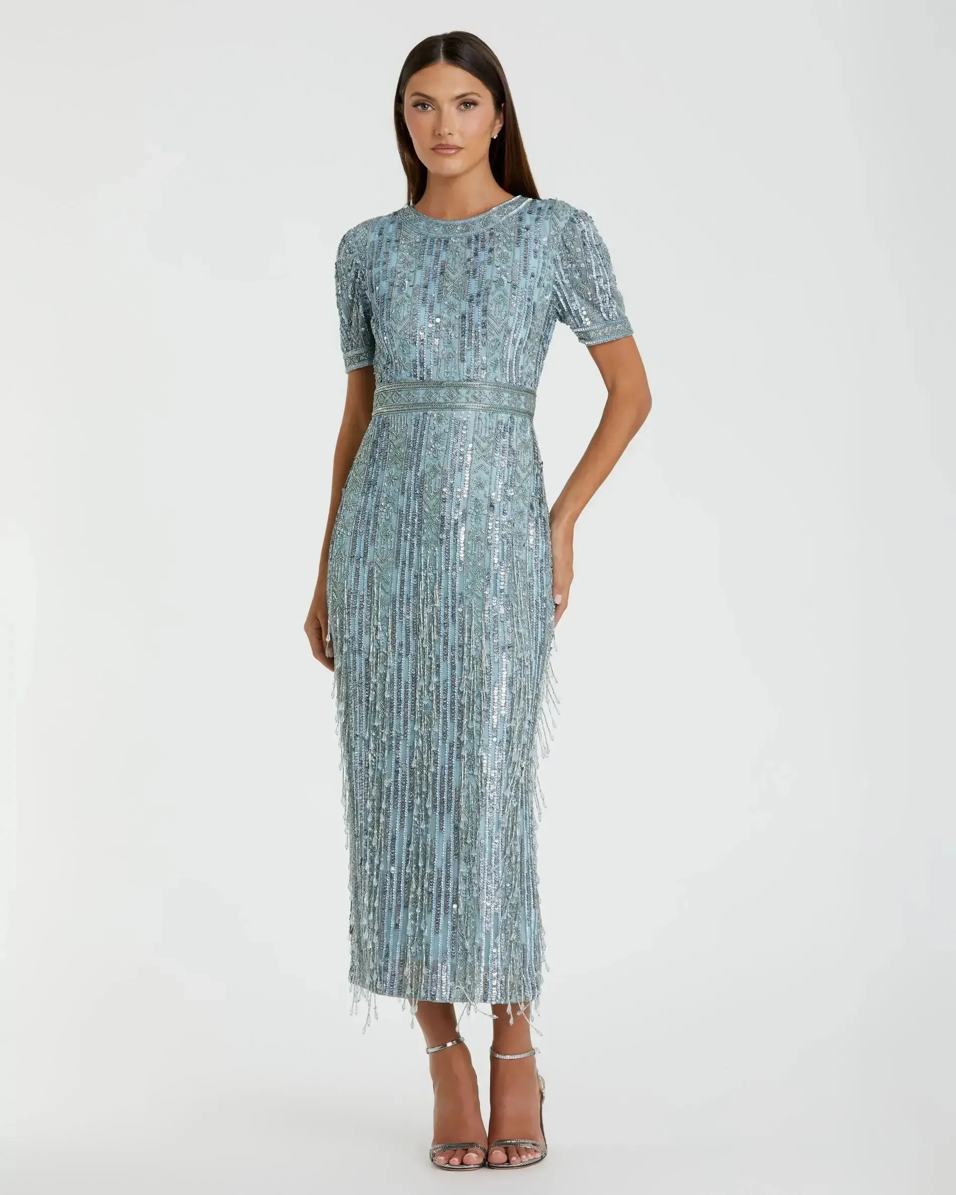 High Neck Short Sleeve Crystal Fringe Column Dress