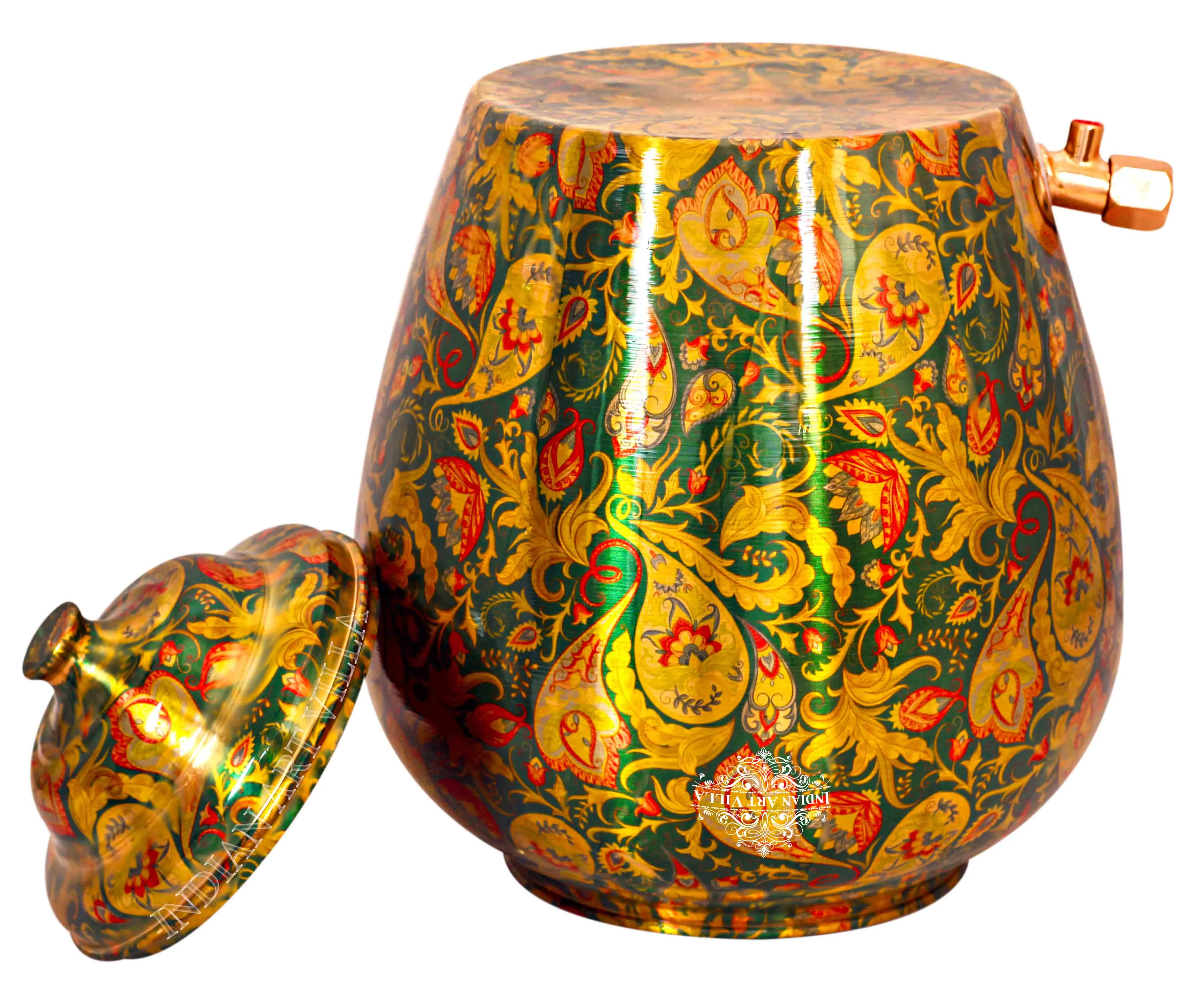 IndianArtVilla Handcrafted Pure Copper Green Flower Leaf Design Water Pot, Water Storages Pot, 13 Ltr.