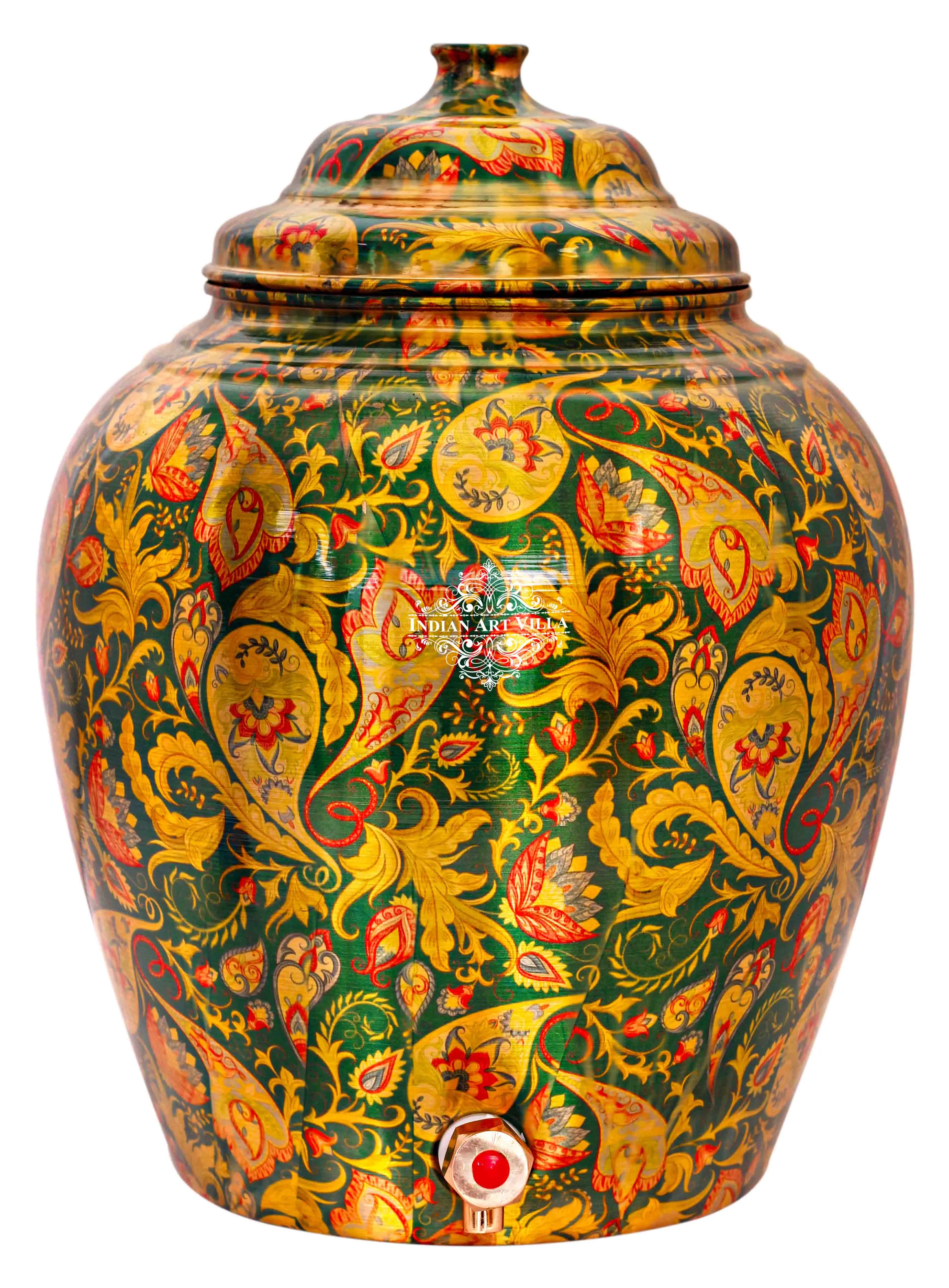IndianArtVilla Handcrafted Pure Copper Green Flower Leaf Design Water Pot, Water Storages Pot, 13 Ltr.