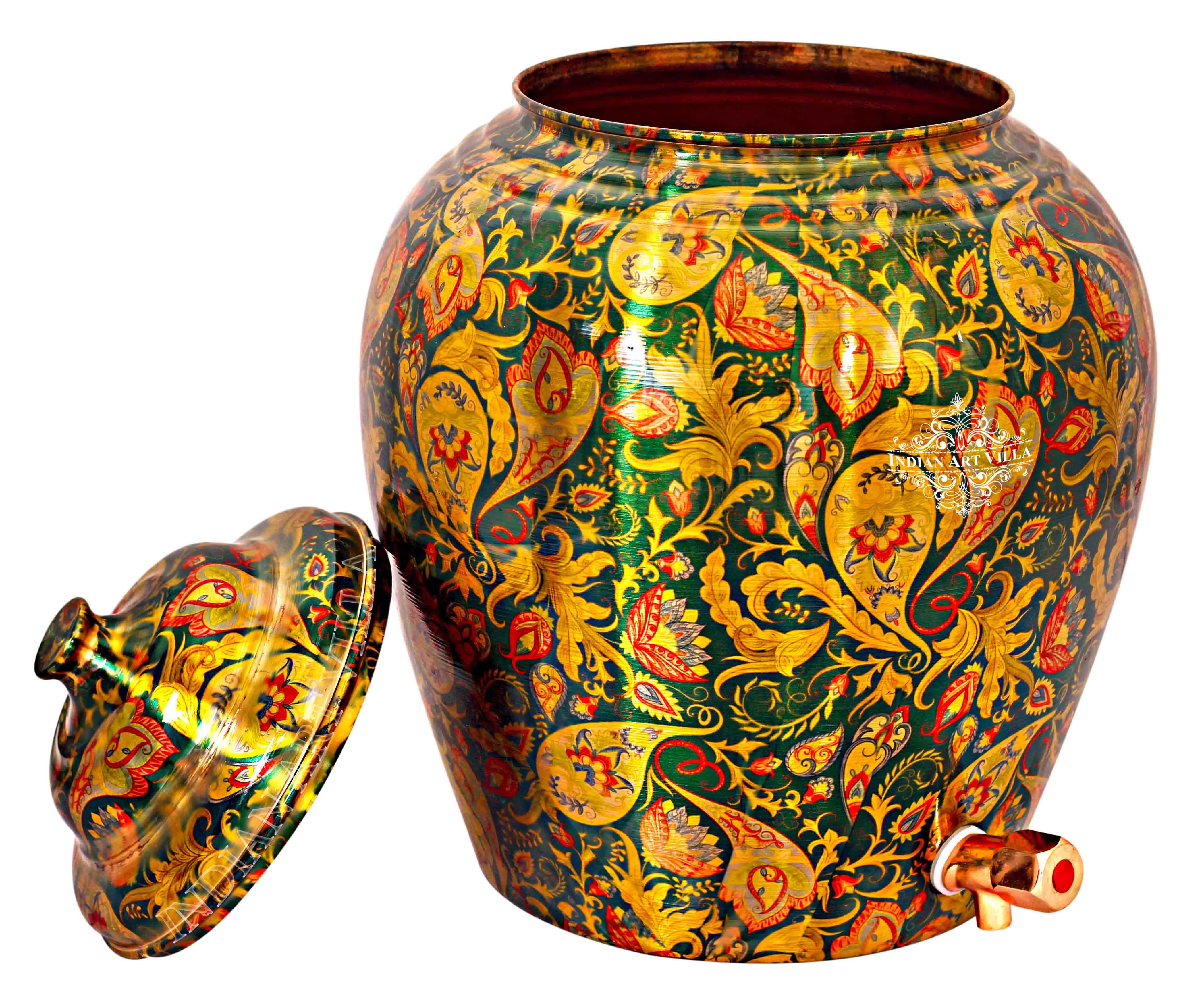 IndianArtVilla Handcrafted Pure Copper Green Flower Leaf Design Water Pot, Water Storages Pot, 13 Ltr.