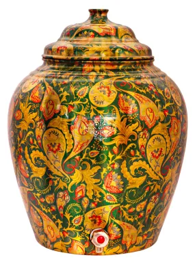 IndianArtVilla Handcrafted Pure Copper Green Flower Leaf Design Water Pot, Water Storages Pot, 13 Ltr.