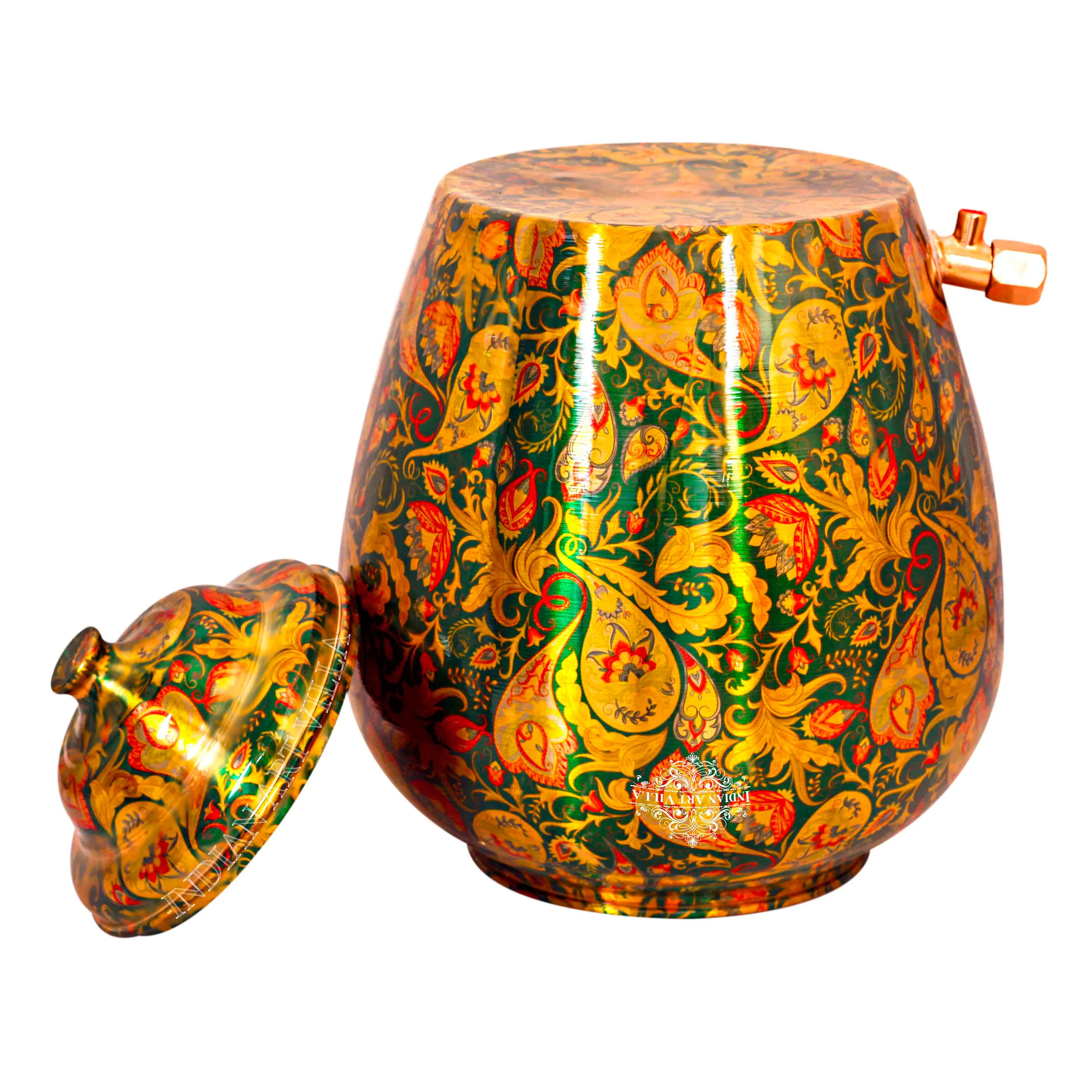 IndianArtVilla Handcrafted Pure Copper Green Flower Leaf Design Water Pot, Water Storages Pot, 13 Ltr.