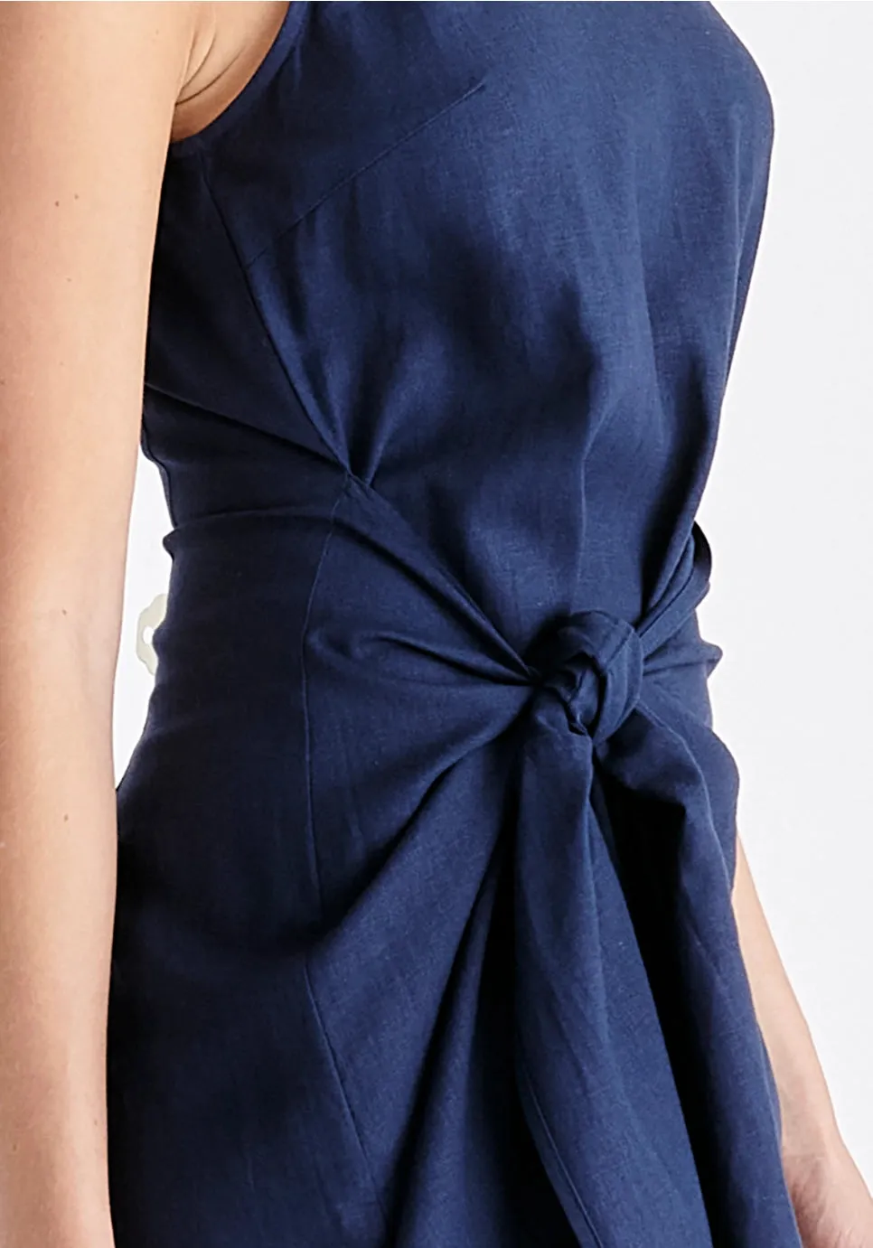 Linen Blend Waist Tie Dress - Navy