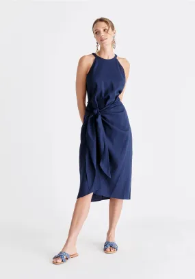 Linen Blend Waist Tie Dress - Navy