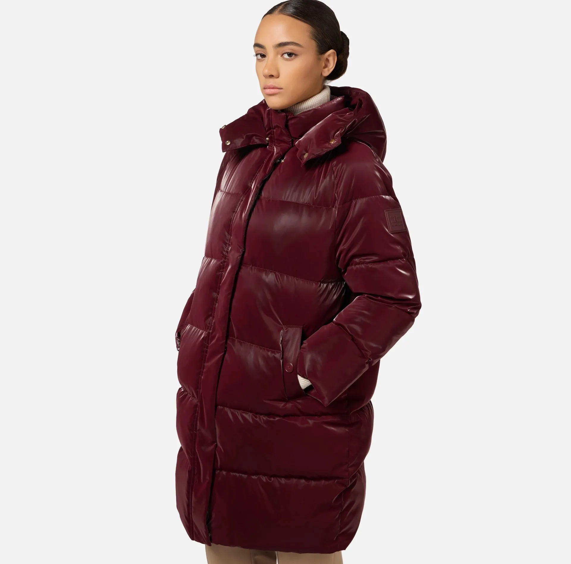 LONG SATIN NYLON DOWN COAT WITH HOOD BY ELISABETTA FRANCHI