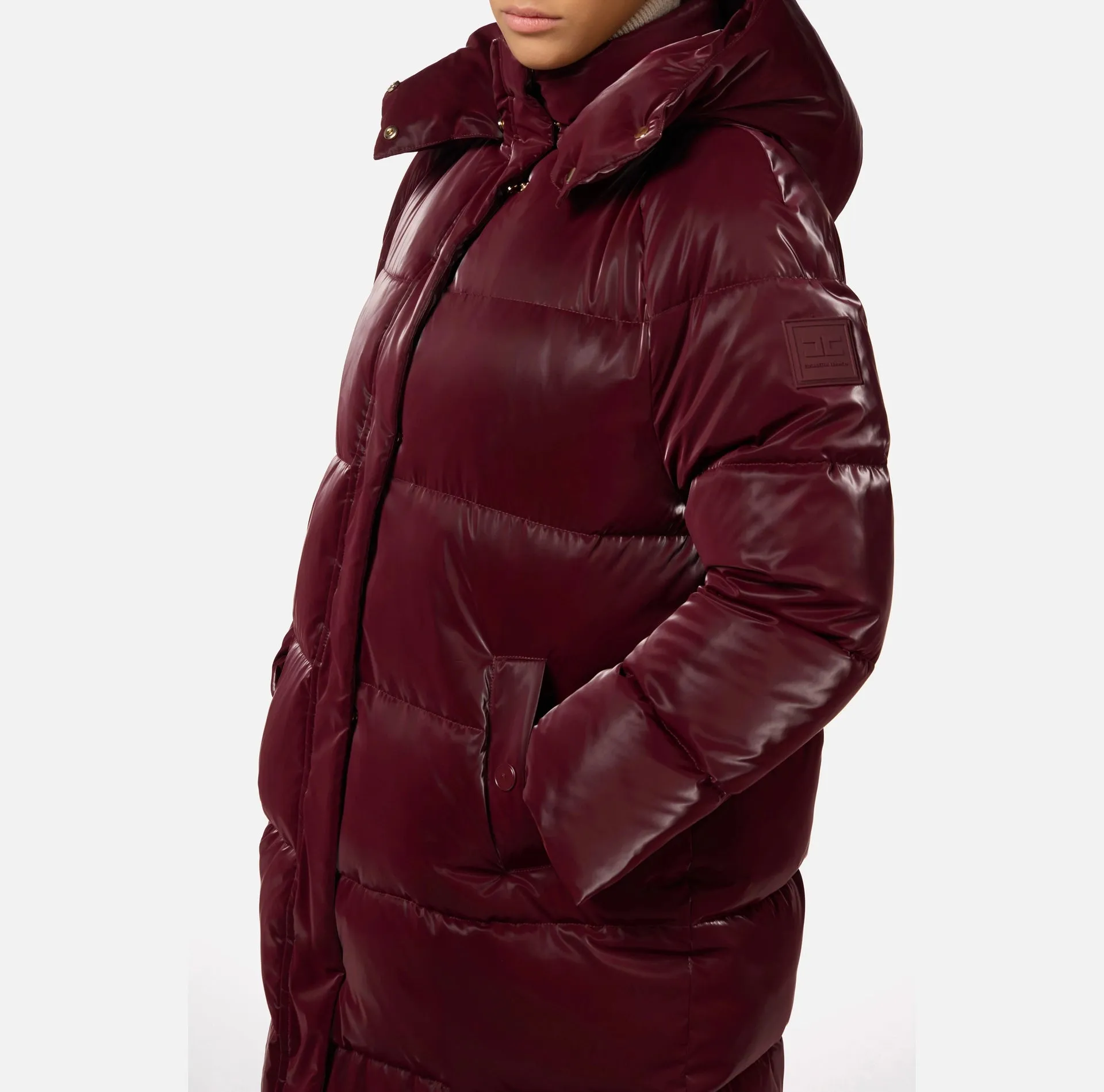 LONG SATIN NYLON DOWN COAT WITH HOOD BY ELISABETTA FRANCHI