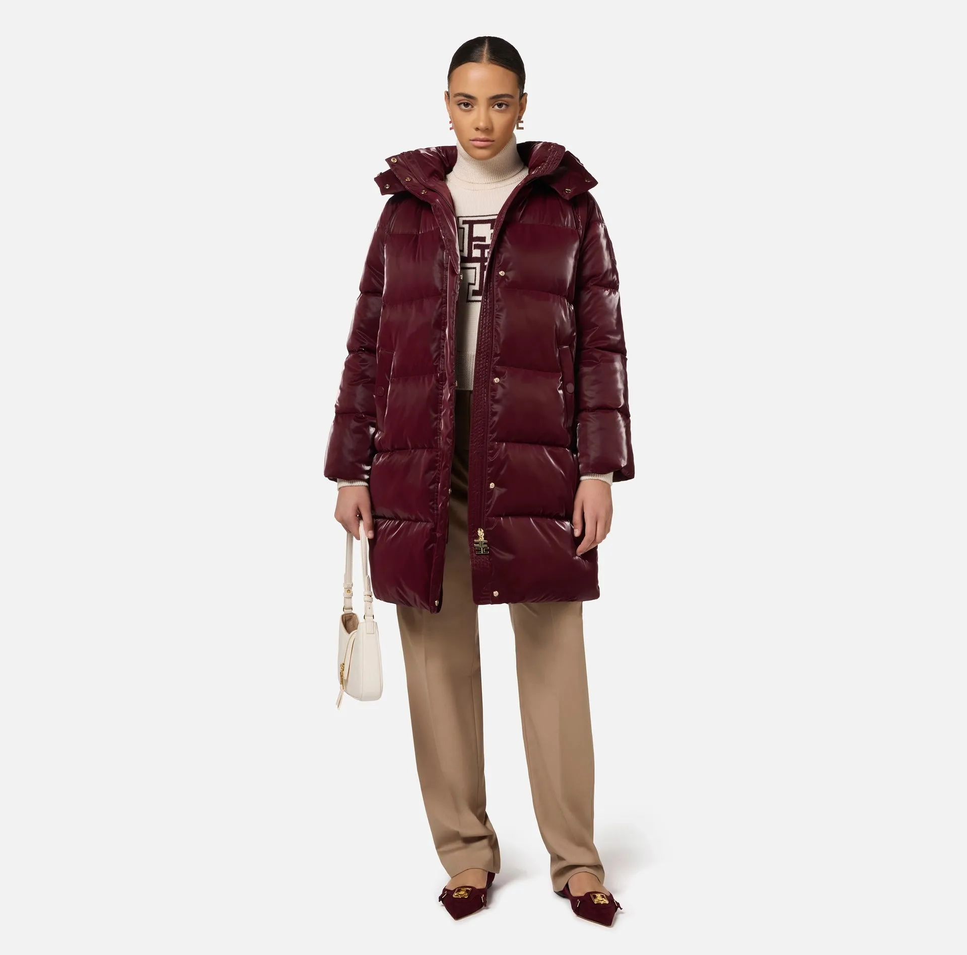 LONG SATIN NYLON DOWN COAT WITH HOOD BY ELISABETTA FRANCHI