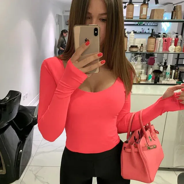 Long Sleeve Bodysuit Female O-Neck Solid