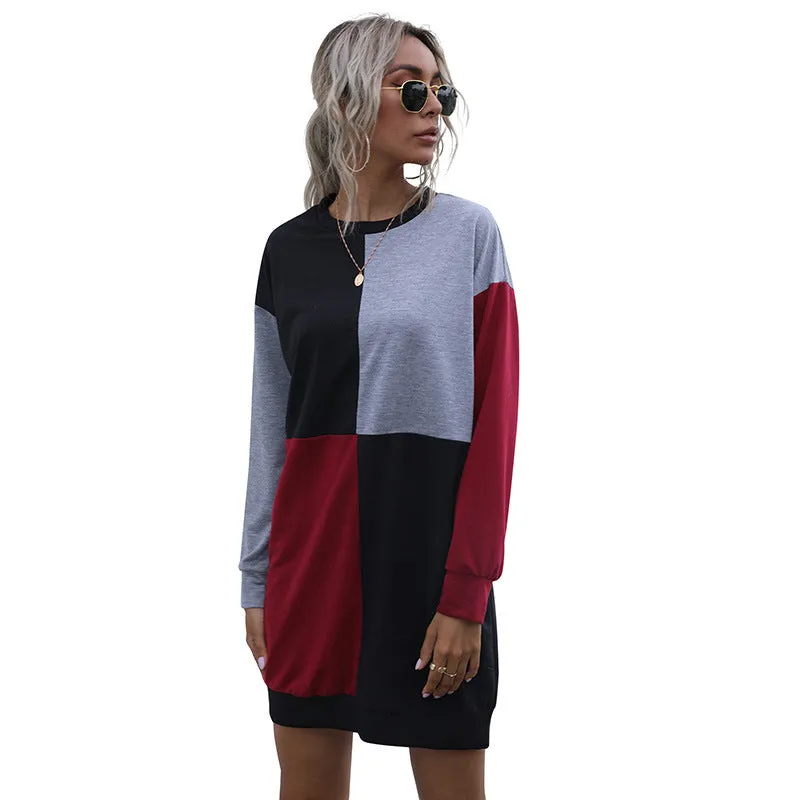 Long Sleeve Contrast Stitching Round Neck Sweater Dress
