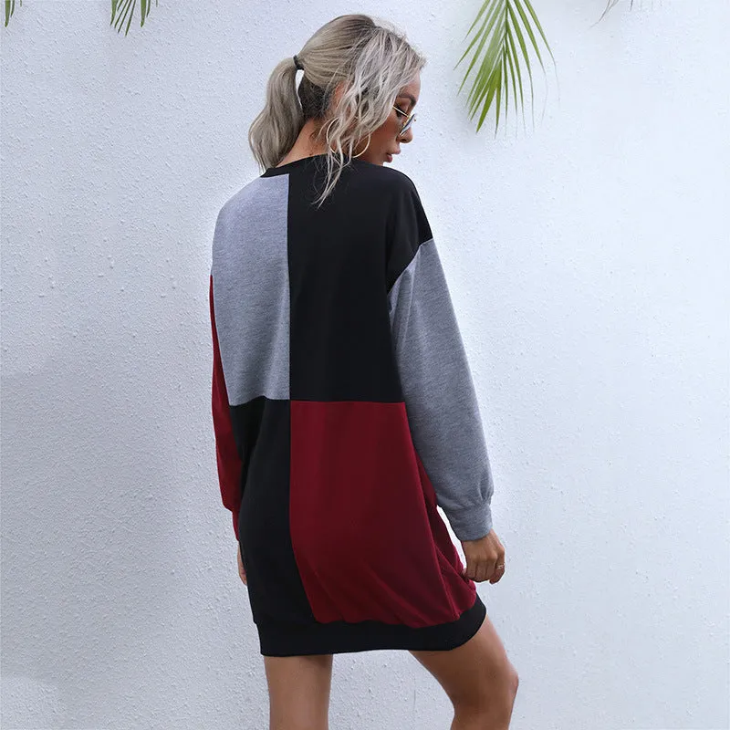 Long Sleeve Contrast Stitching Round Neck Sweater Dress