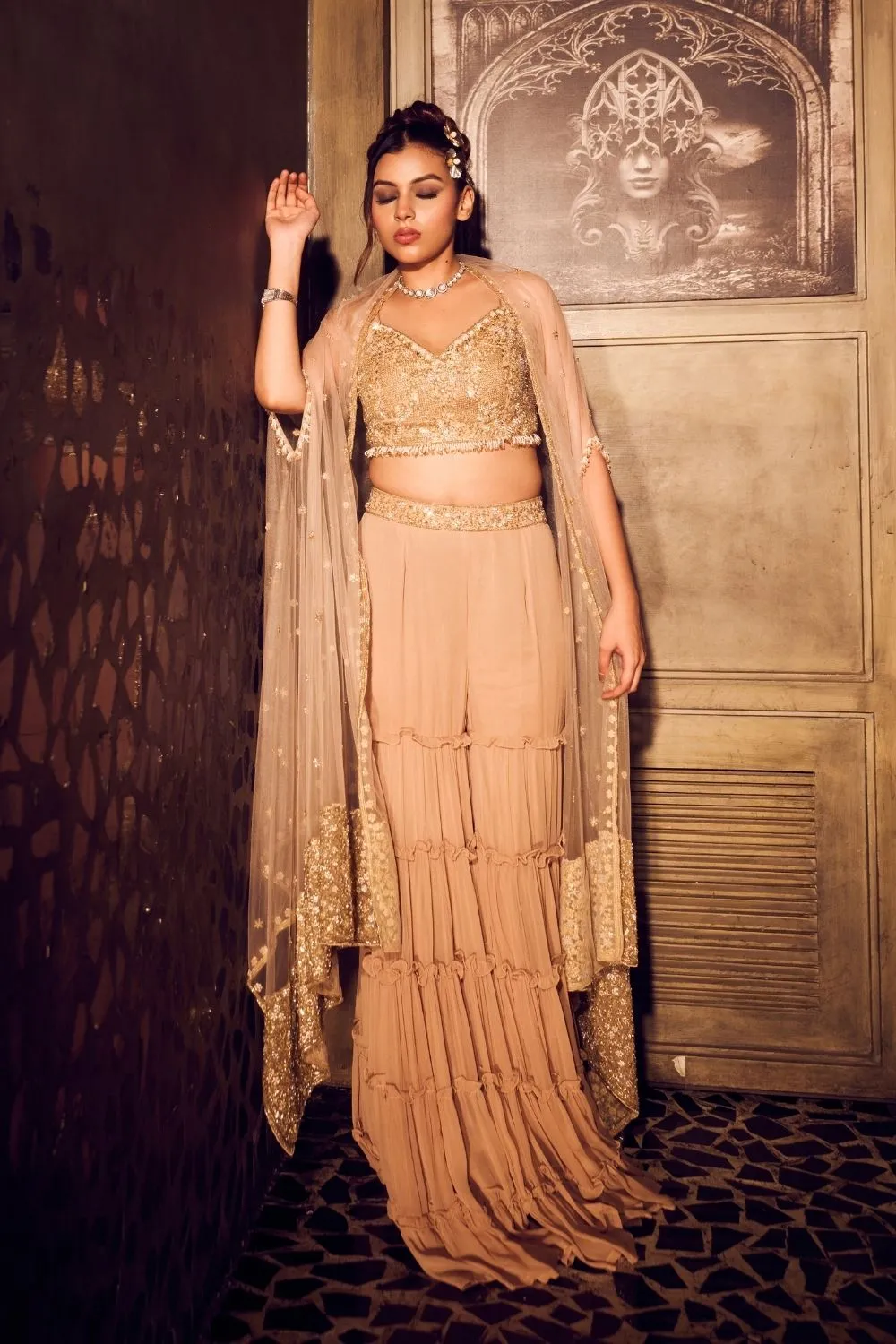 Maris Georgette Layered Garara with Net Bustier and Cape