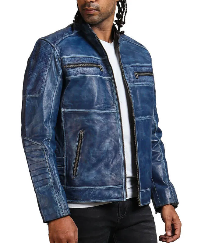 Men's Biker Blue Leather Jacket
