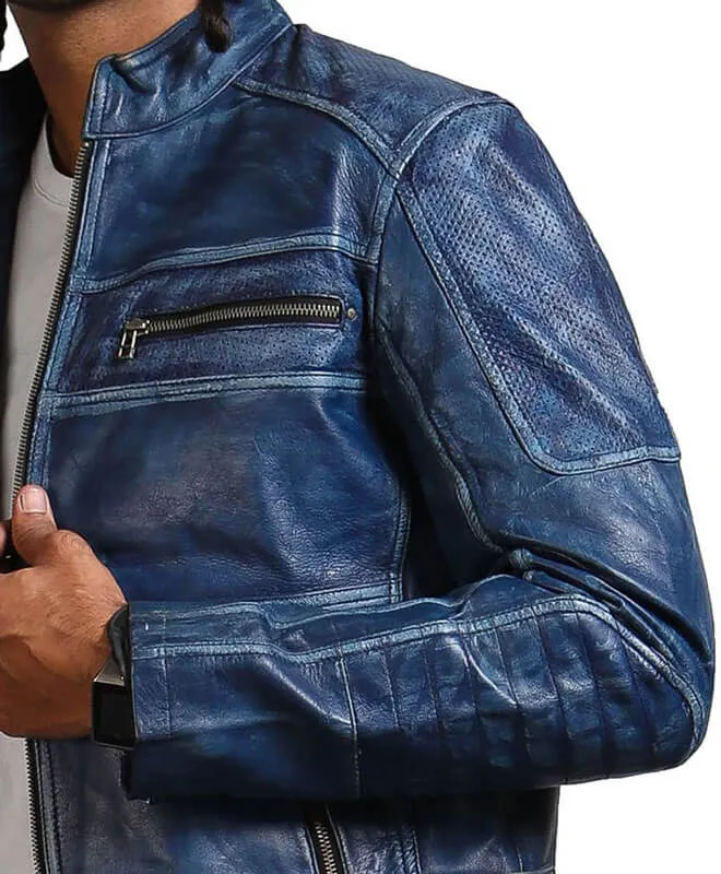 Men's Biker Blue Leather Jacket