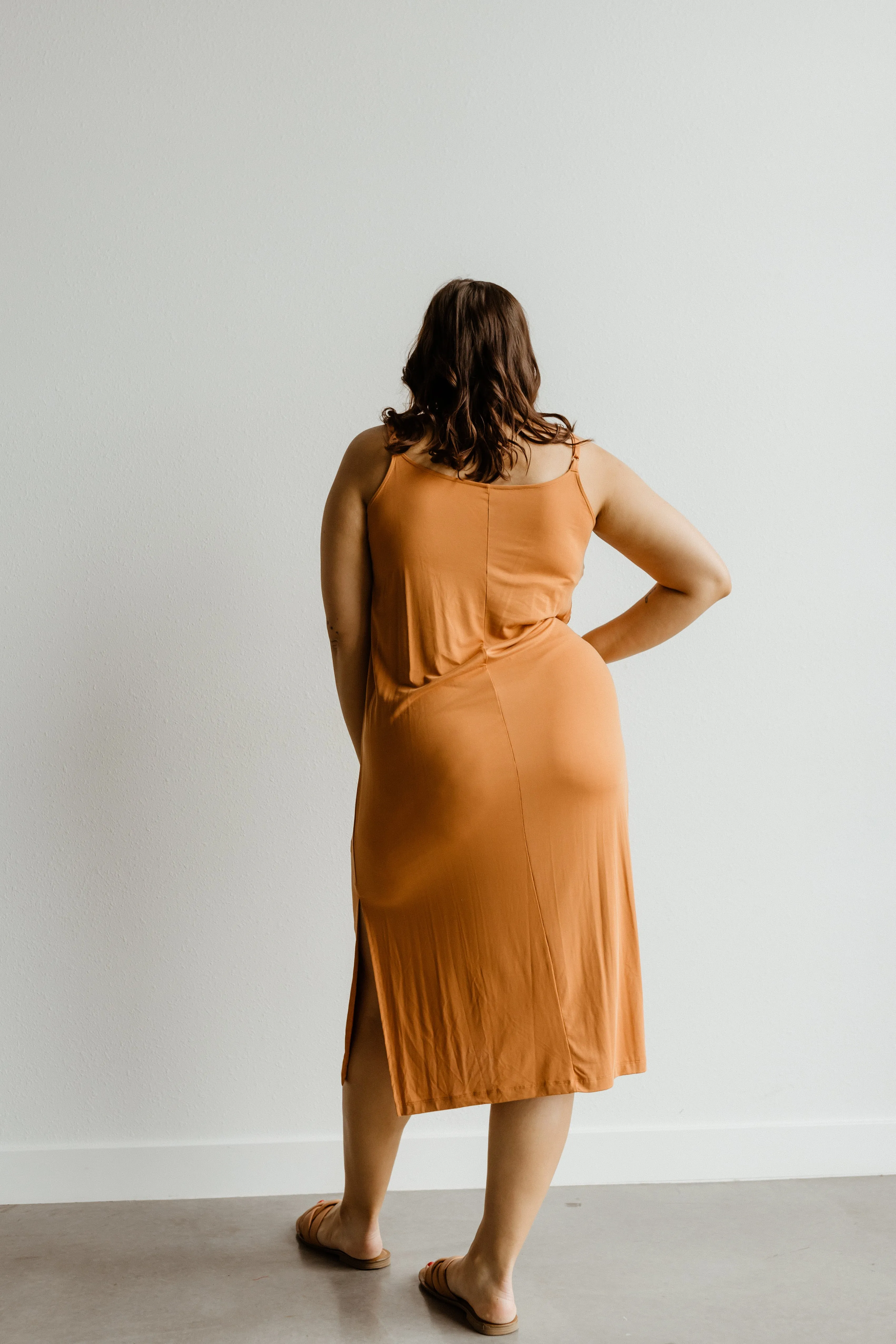 MIDI LENGTH SLIP DRESS IN BRONZE HAZE