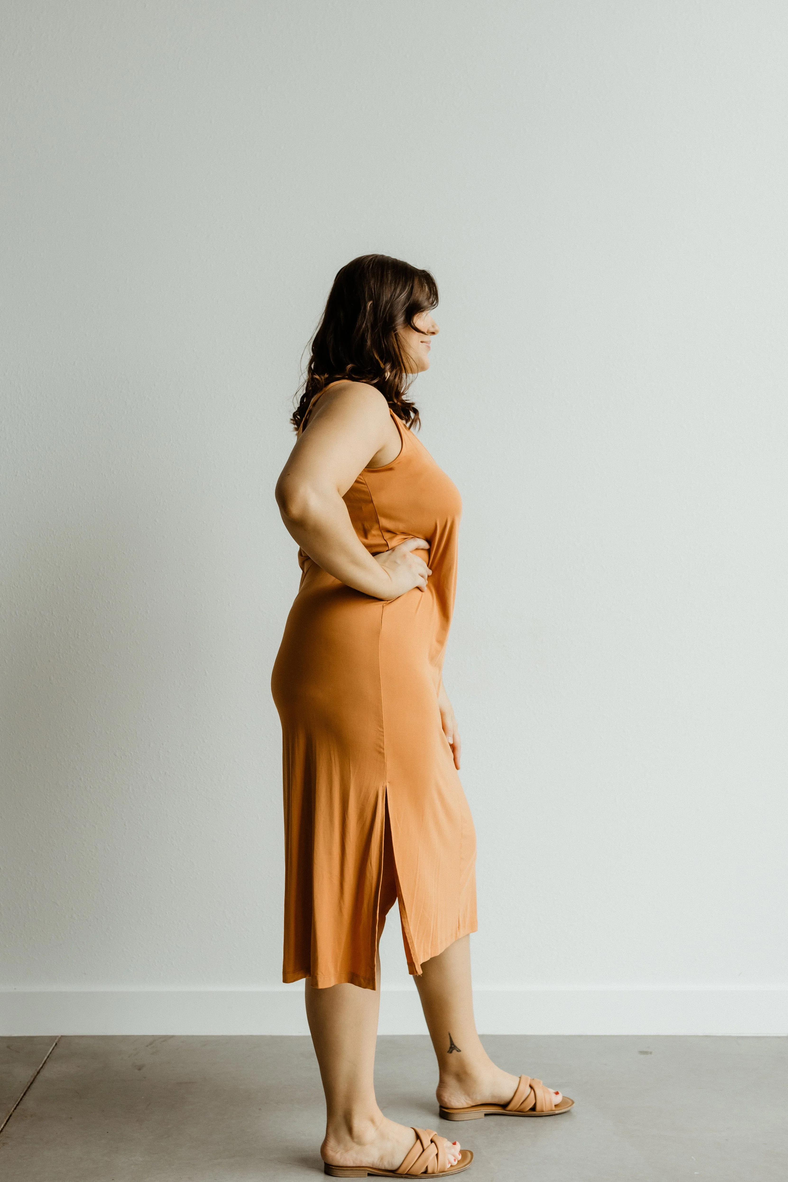 MIDI LENGTH SLIP DRESS IN BRONZE HAZE