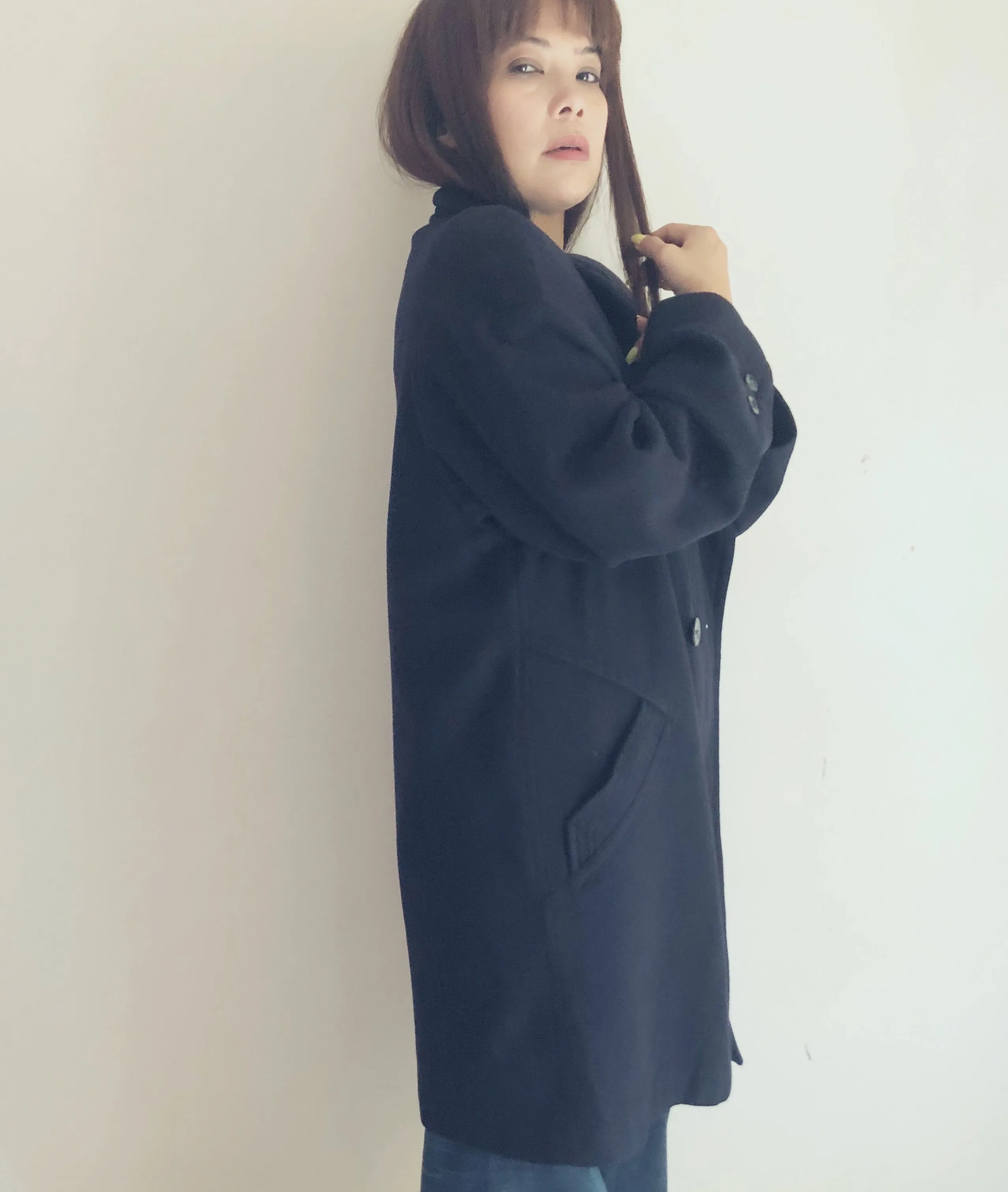 Navy blue lambswool and cashmere coat