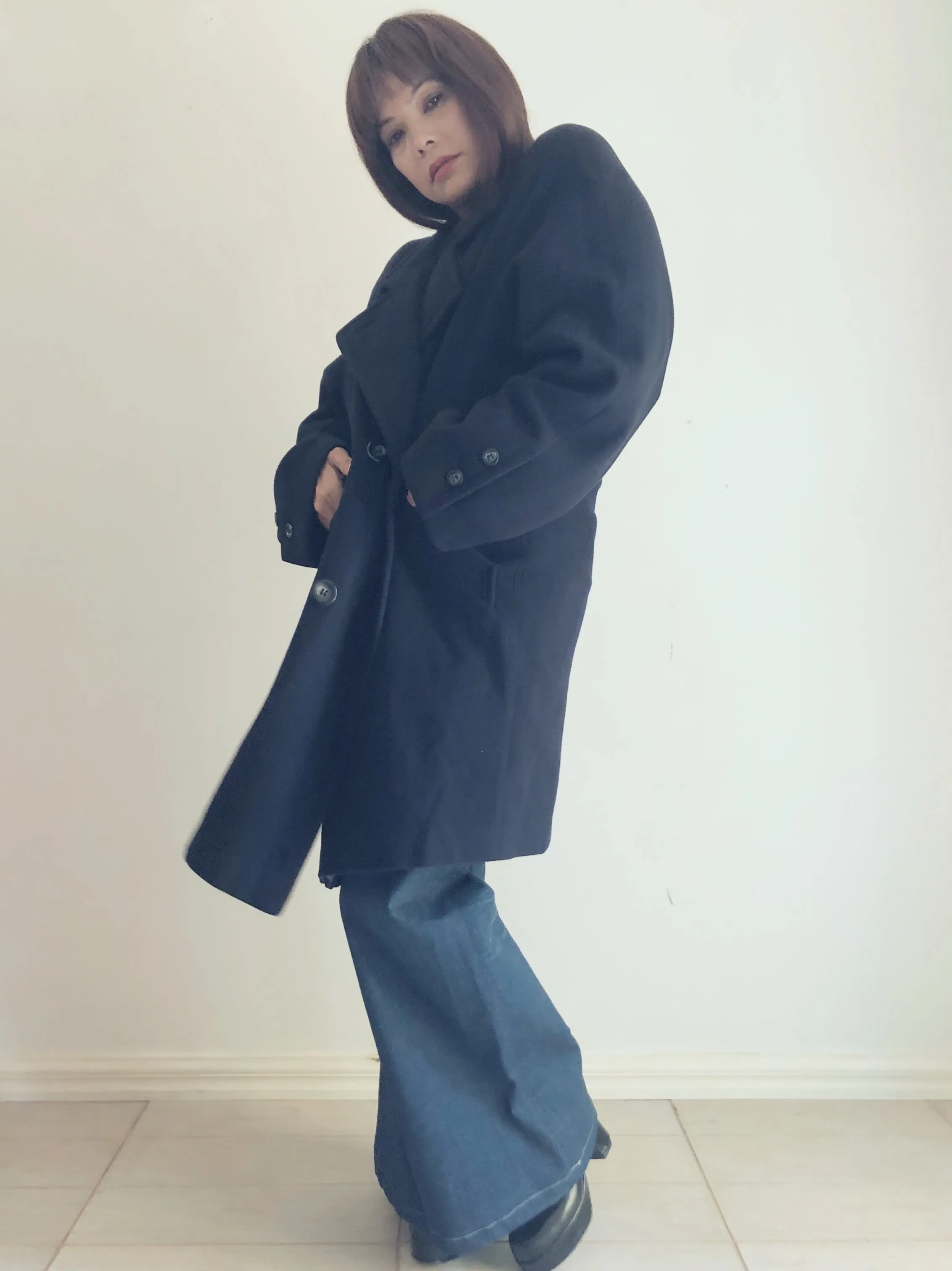 Navy blue lambswool and cashmere coat