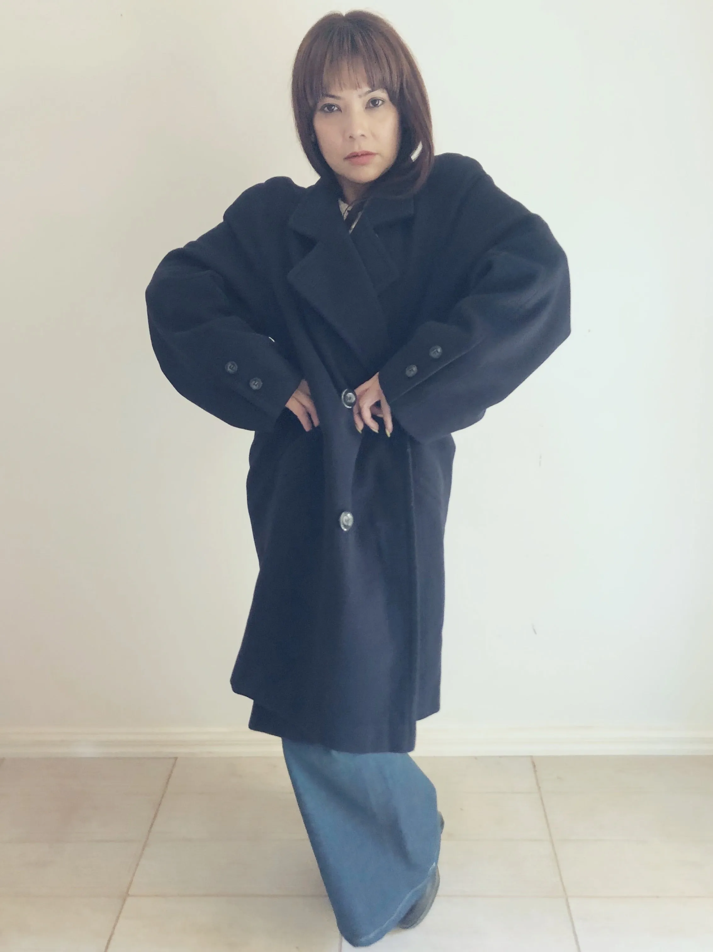 Navy blue lambswool and cashmere coat