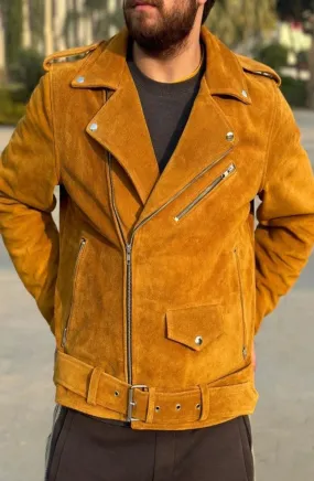 Orlo Genuine Tan Suede Leather Jacket Men Biker Motorcycle