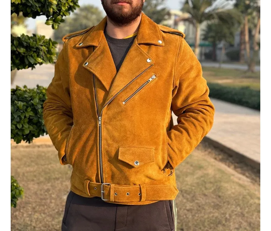 Orlo Genuine Tan Suede Leather Jacket Men Biker Motorcycle