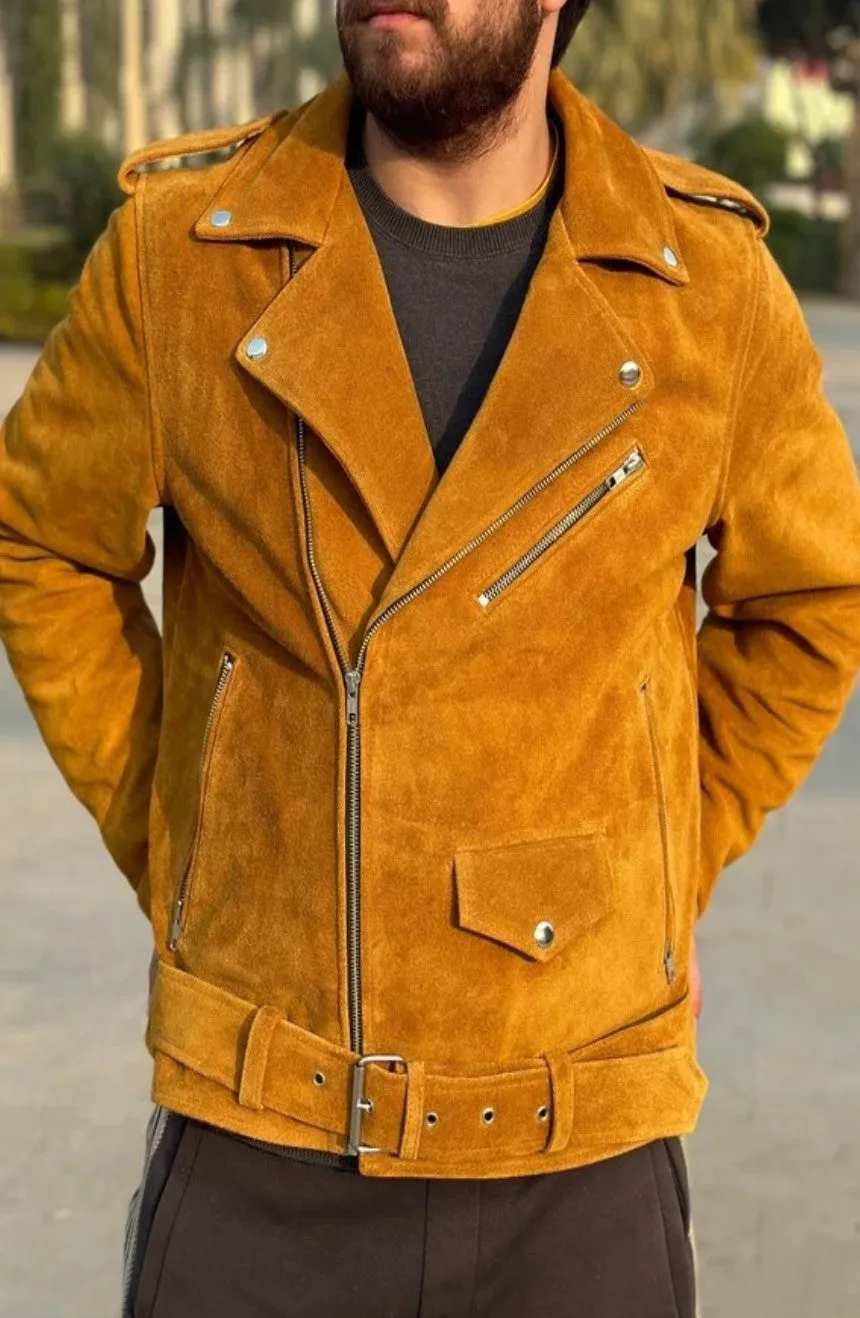 Orlo Genuine Tan Suede Leather Jacket Men Biker Motorcycle