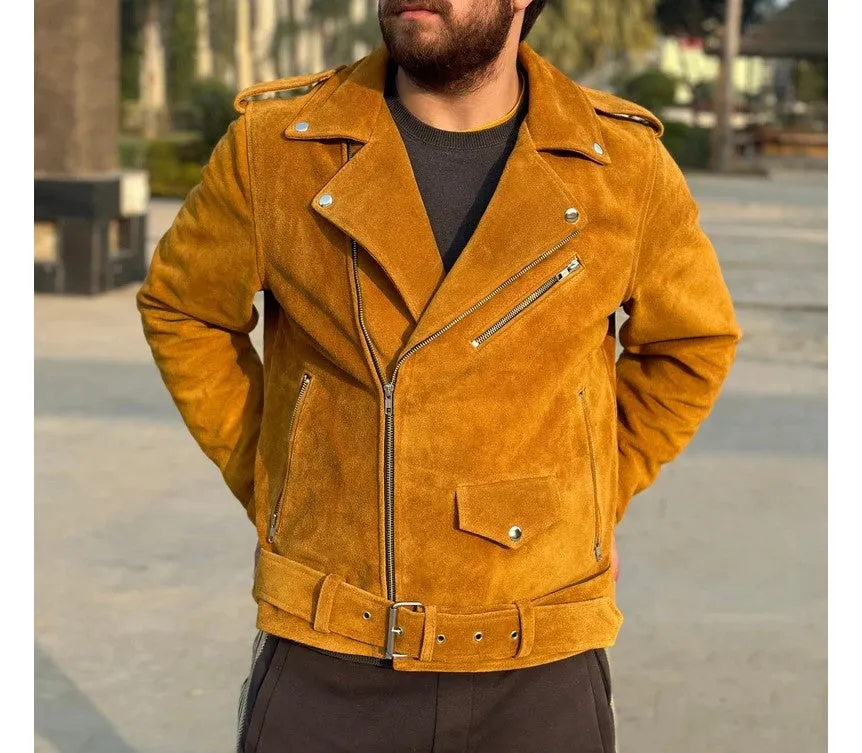 Orlo Genuine Tan Suede Leather Jacket Men Biker Motorcycle