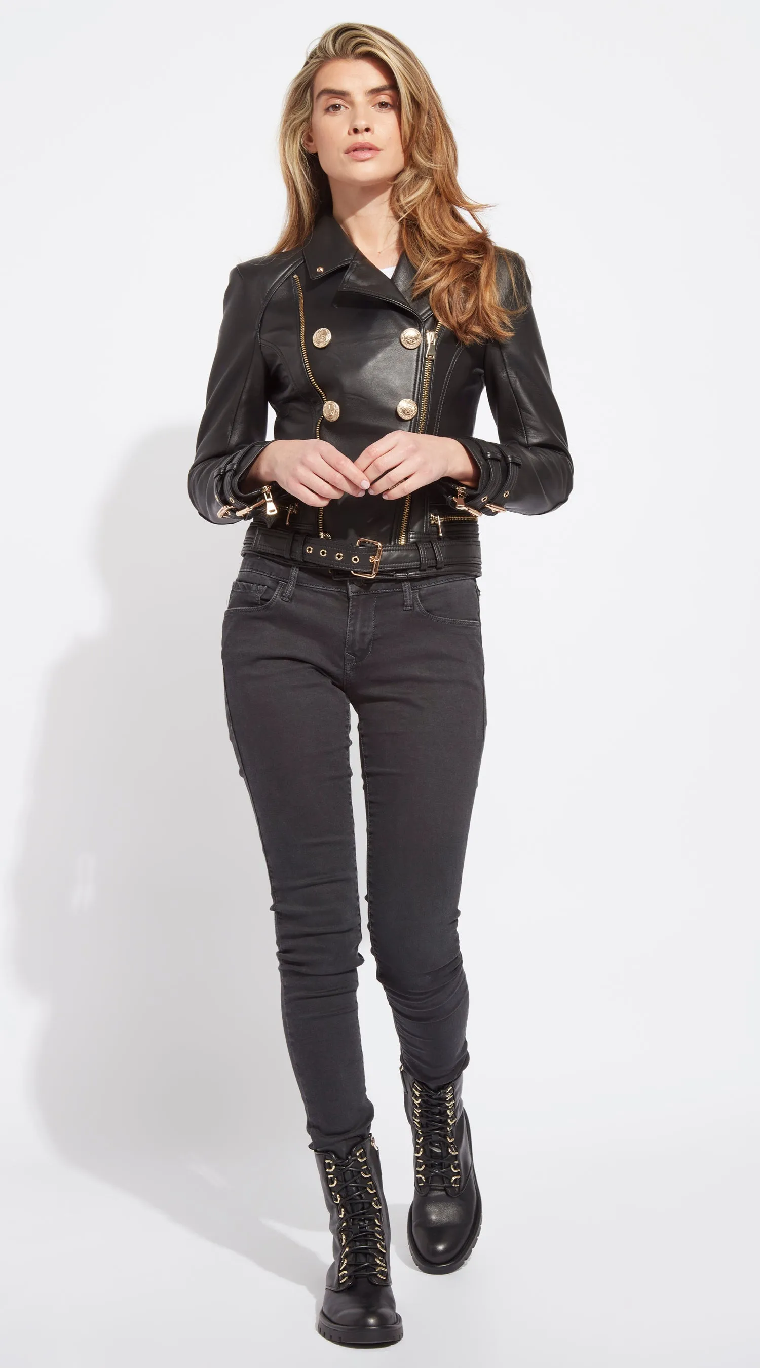 OUTLET Luxy Double-Breasted Leather Biker - Black
