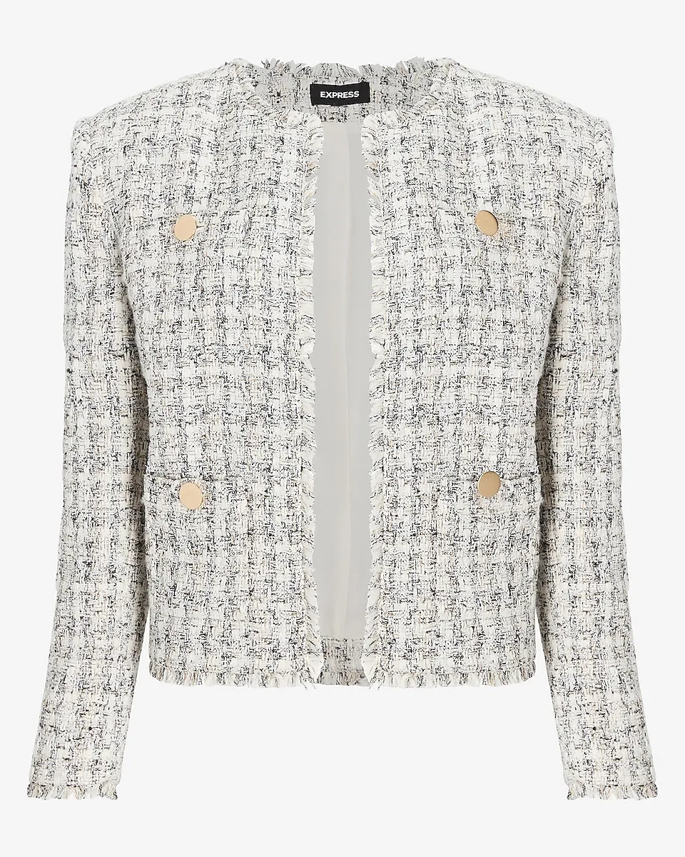 Padded Shoulder Tweed Blazer in Neutral Print