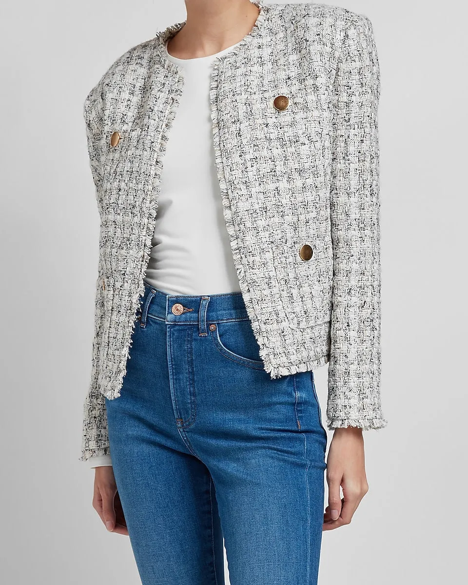 Padded Shoulder Tweed Blazer in Neutral Print