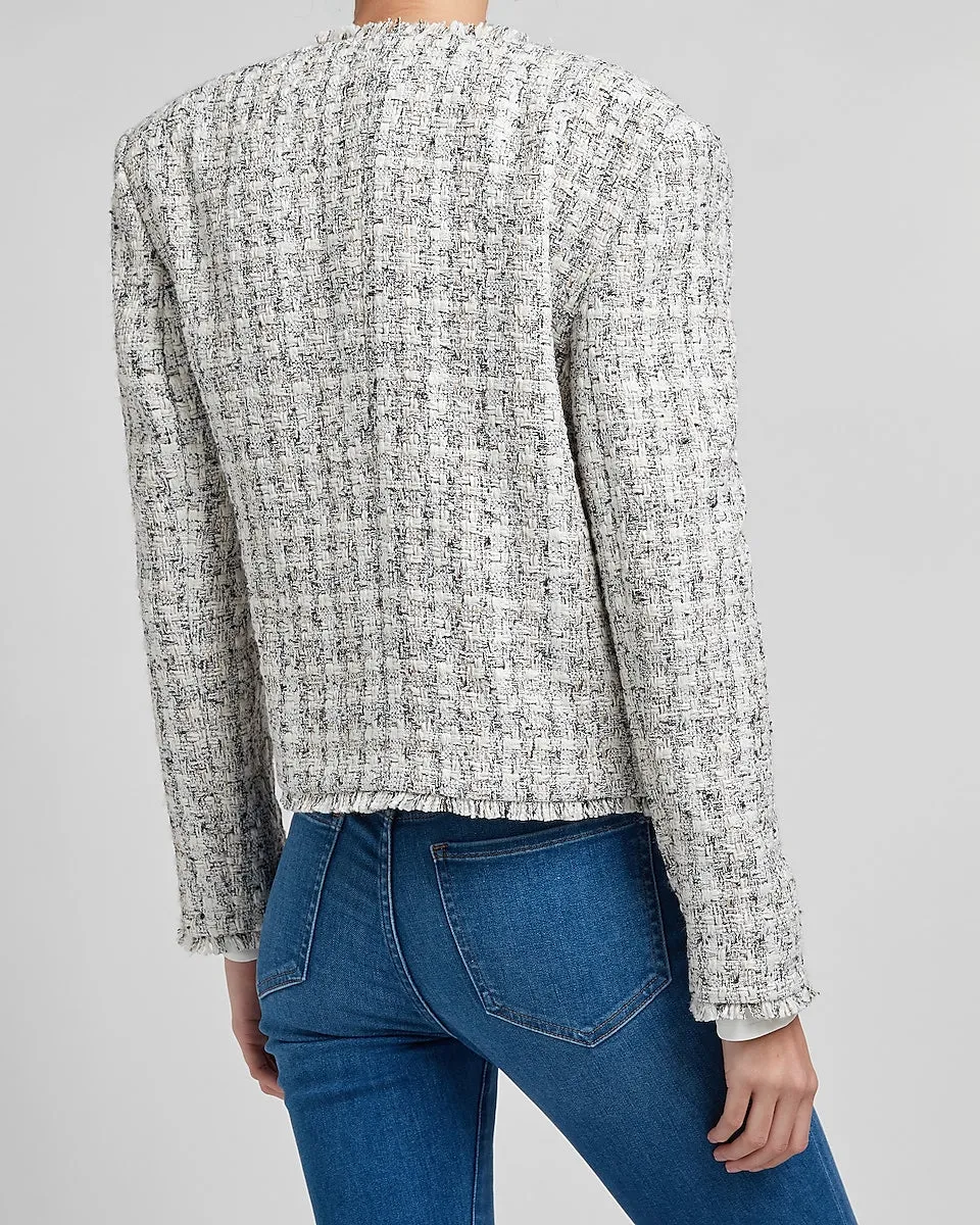 Padded Shoulder Tweed Blazer in Neutral Print