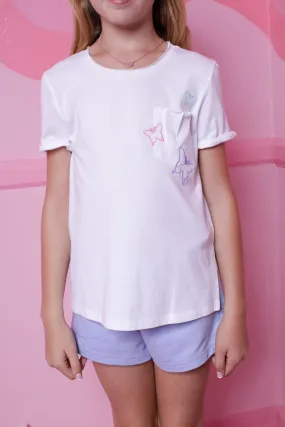 Paper Flower Slouchy Pocket Butterfly Embroidered T-Shirt