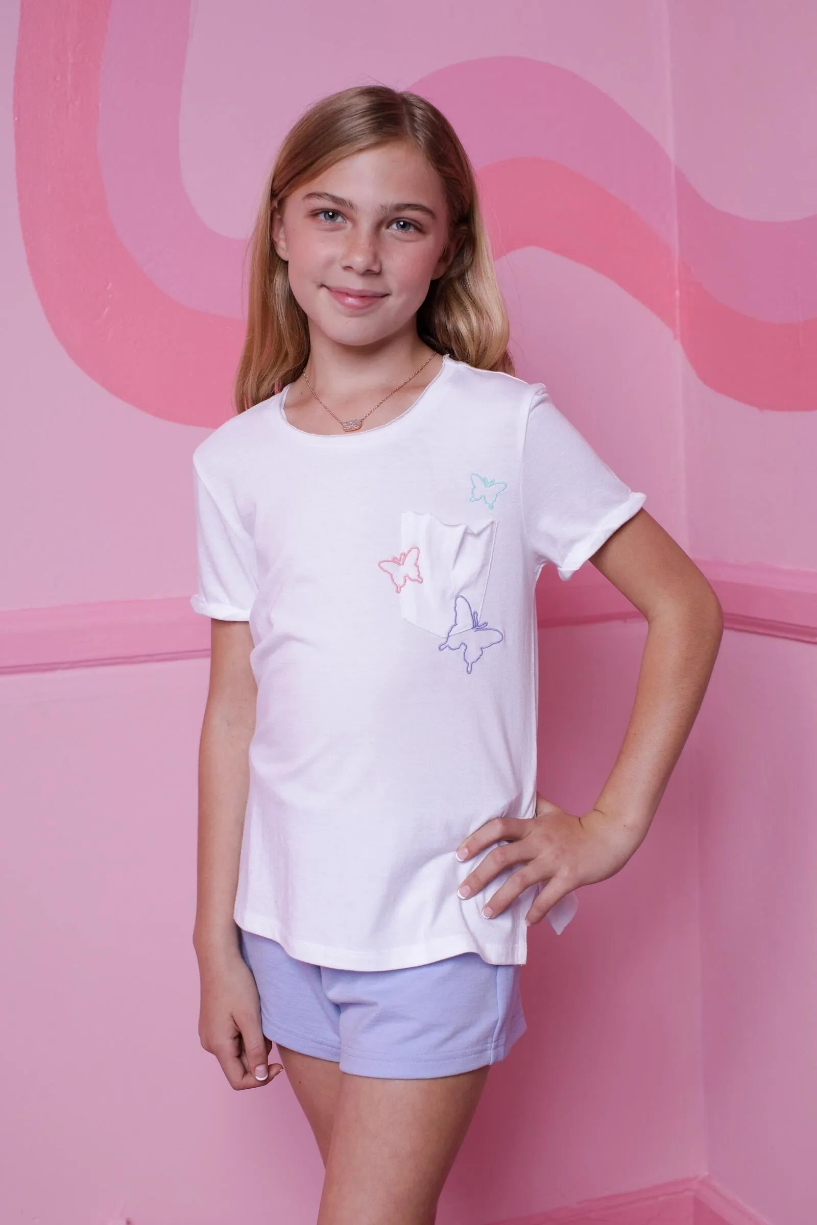 Paper Flower Slouchy Pocket Butterfly Embroidered T-Shirt