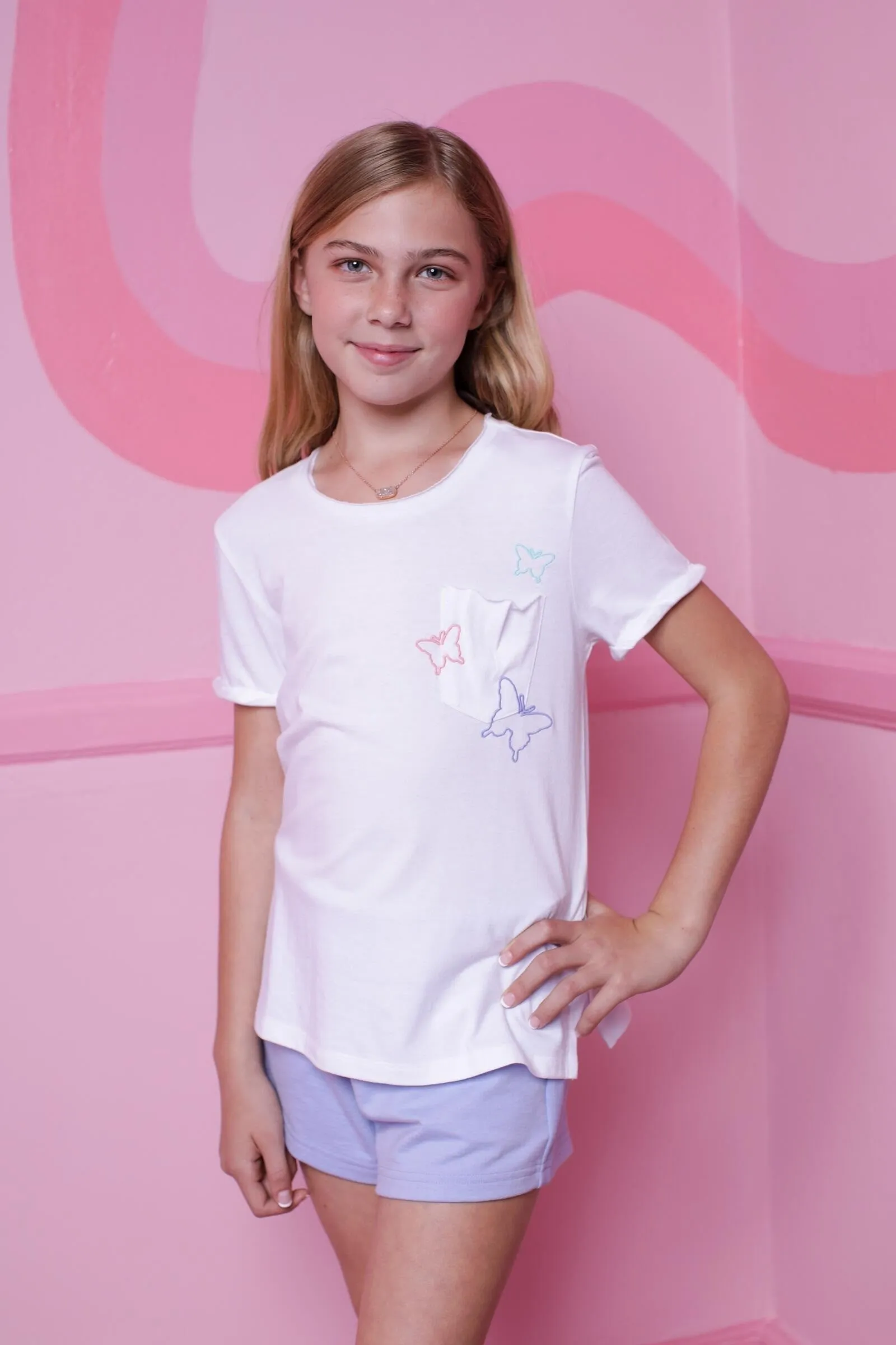 Paper Flower Slouchy Pocket Butterfly Embroidered T-Shirt