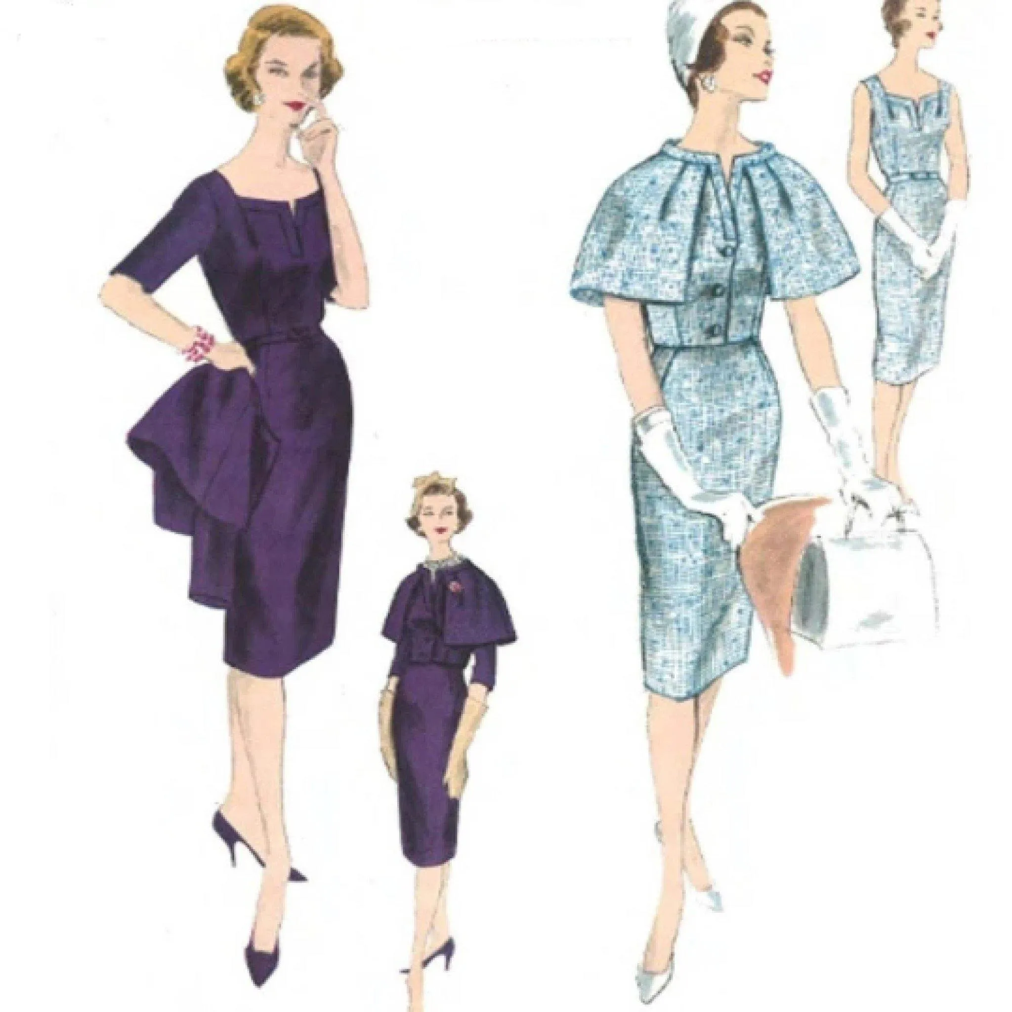 PDF - 1960s Pattern, Vogue Midi Dress & Capelet -  Bust 34" (86cm) - Download