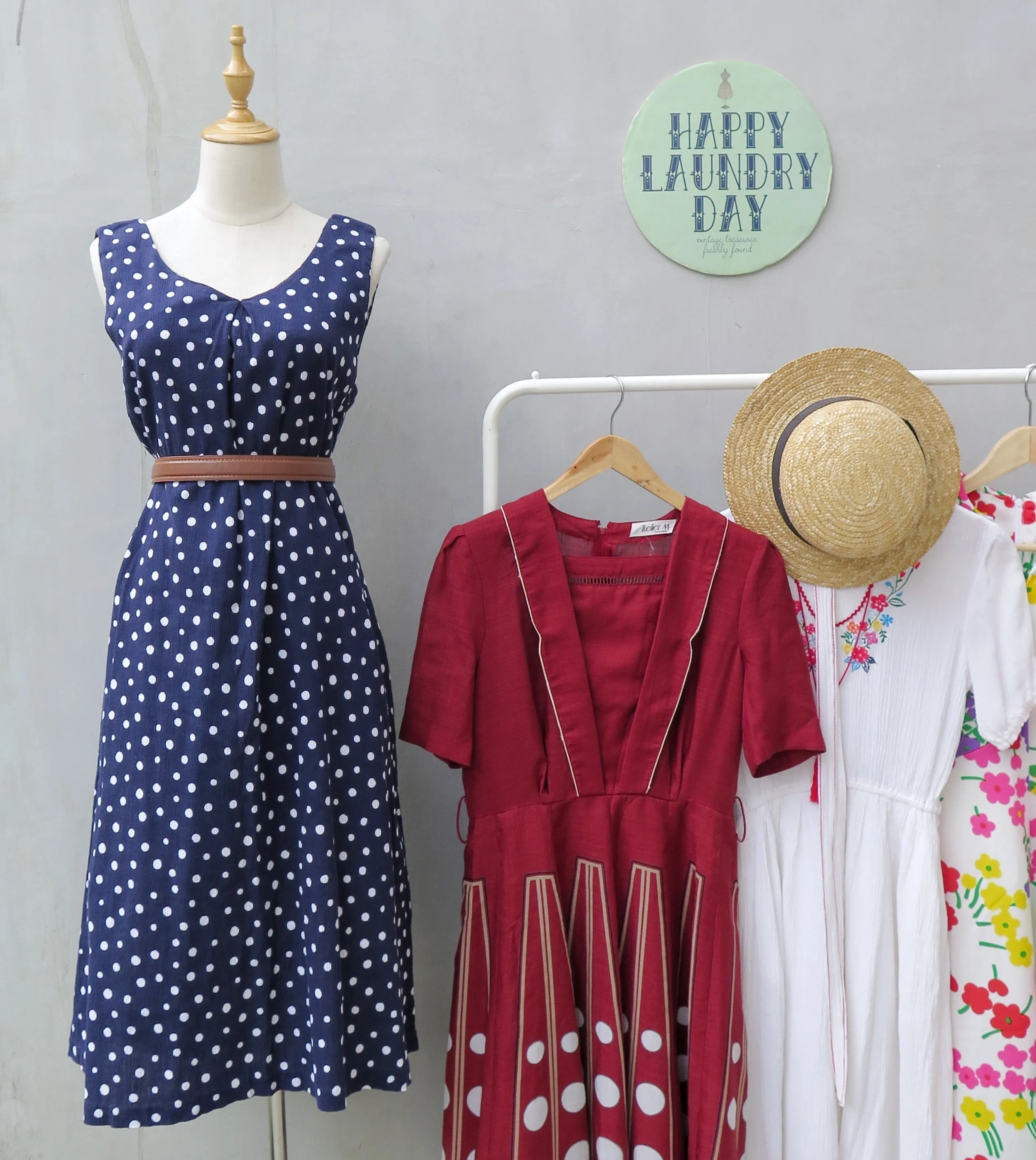 Peri | Vintage 1980s 1990s blue white polka dots crinkled cotton sleeveless dress 