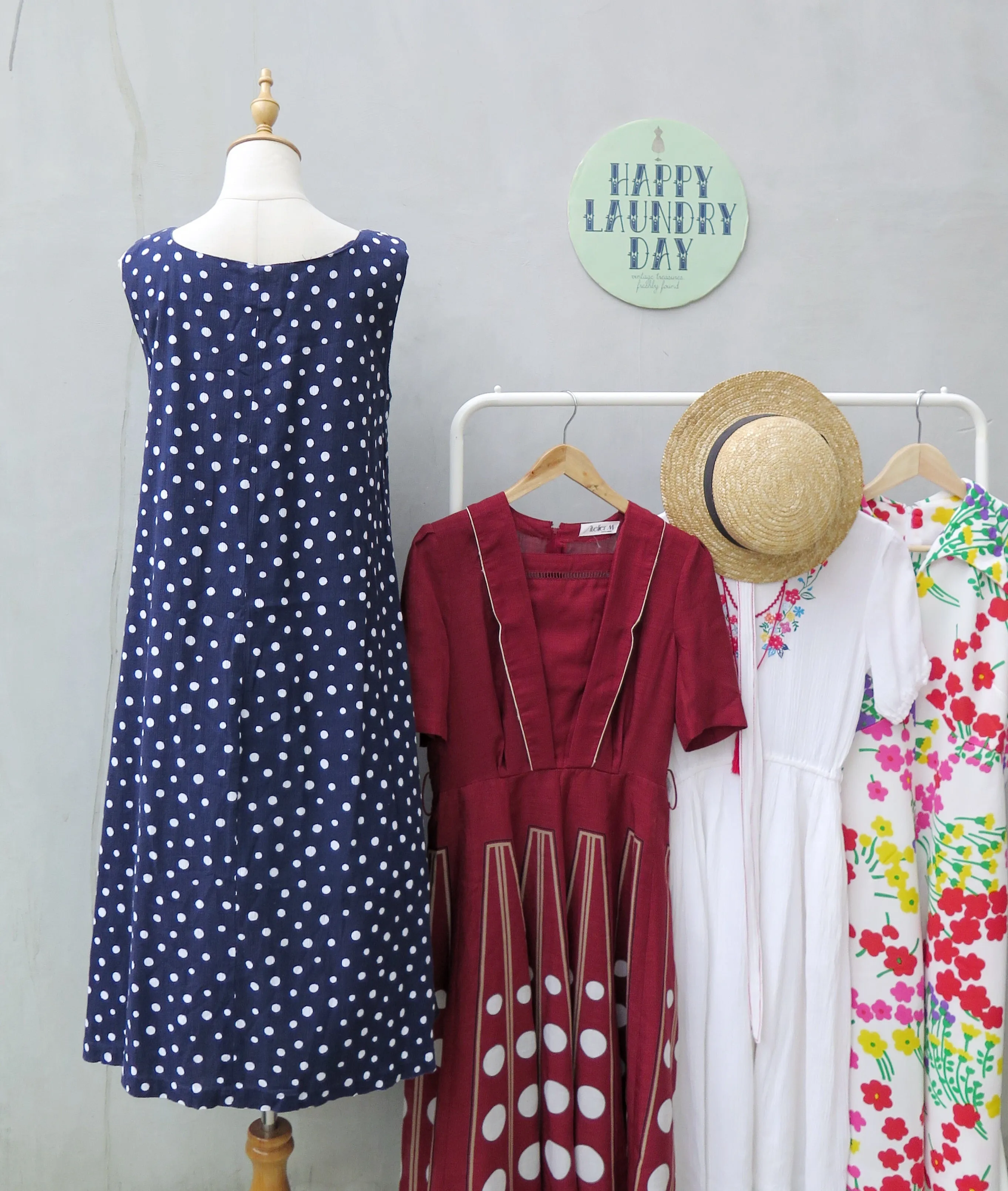 Peri | Vintage 1980s 1990s blue white polka dots crinkled cotton sleeveless dress 