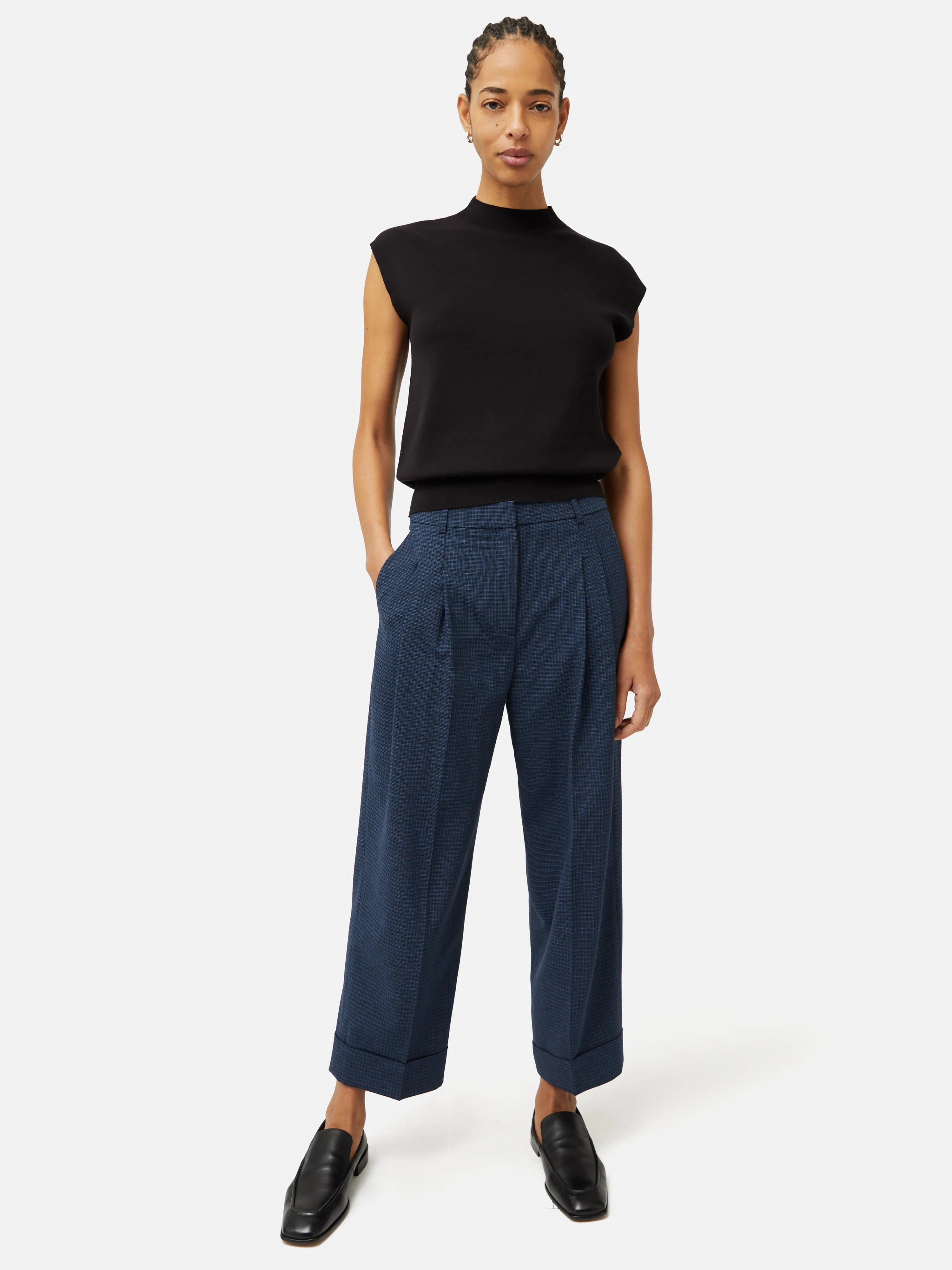 Pleated Crop Turn Up Trouser | Navy