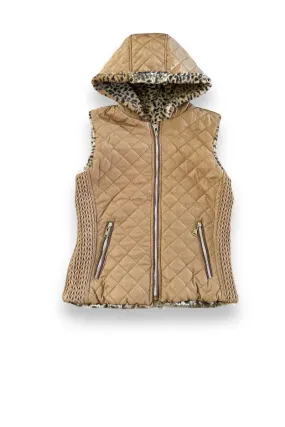 Print Faux Fur Lined Hooded Puffer Jacket Vest