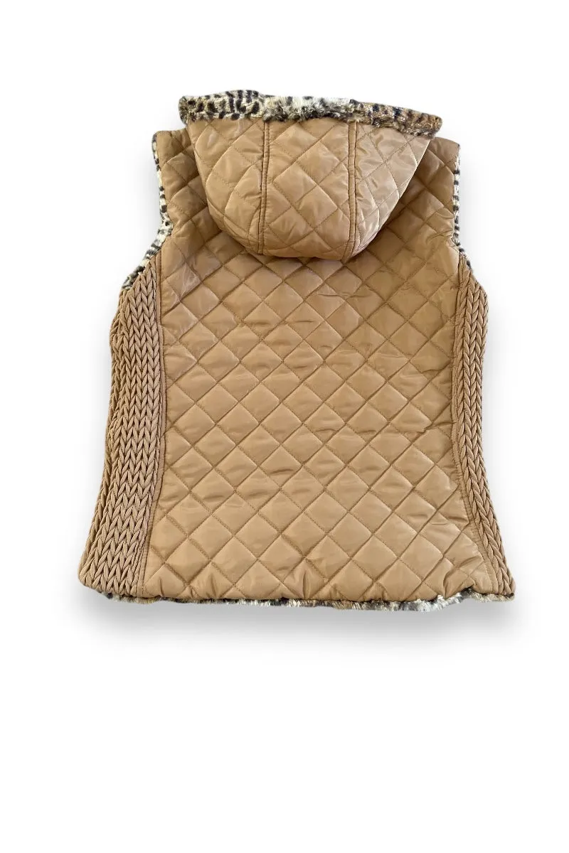 Print Faux Fur Lined Hooded Puffer Jacket Vest