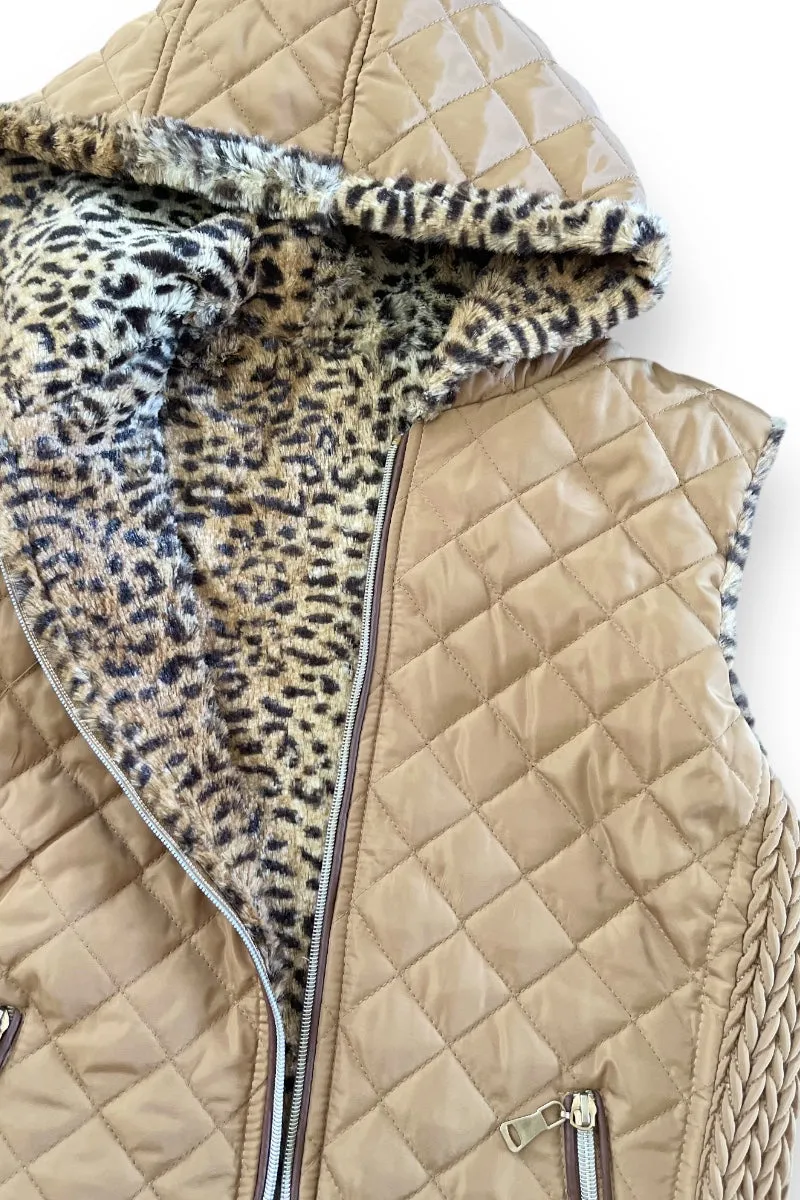 Print Faux Fur Lined Hooded Puffer Jacket Vest