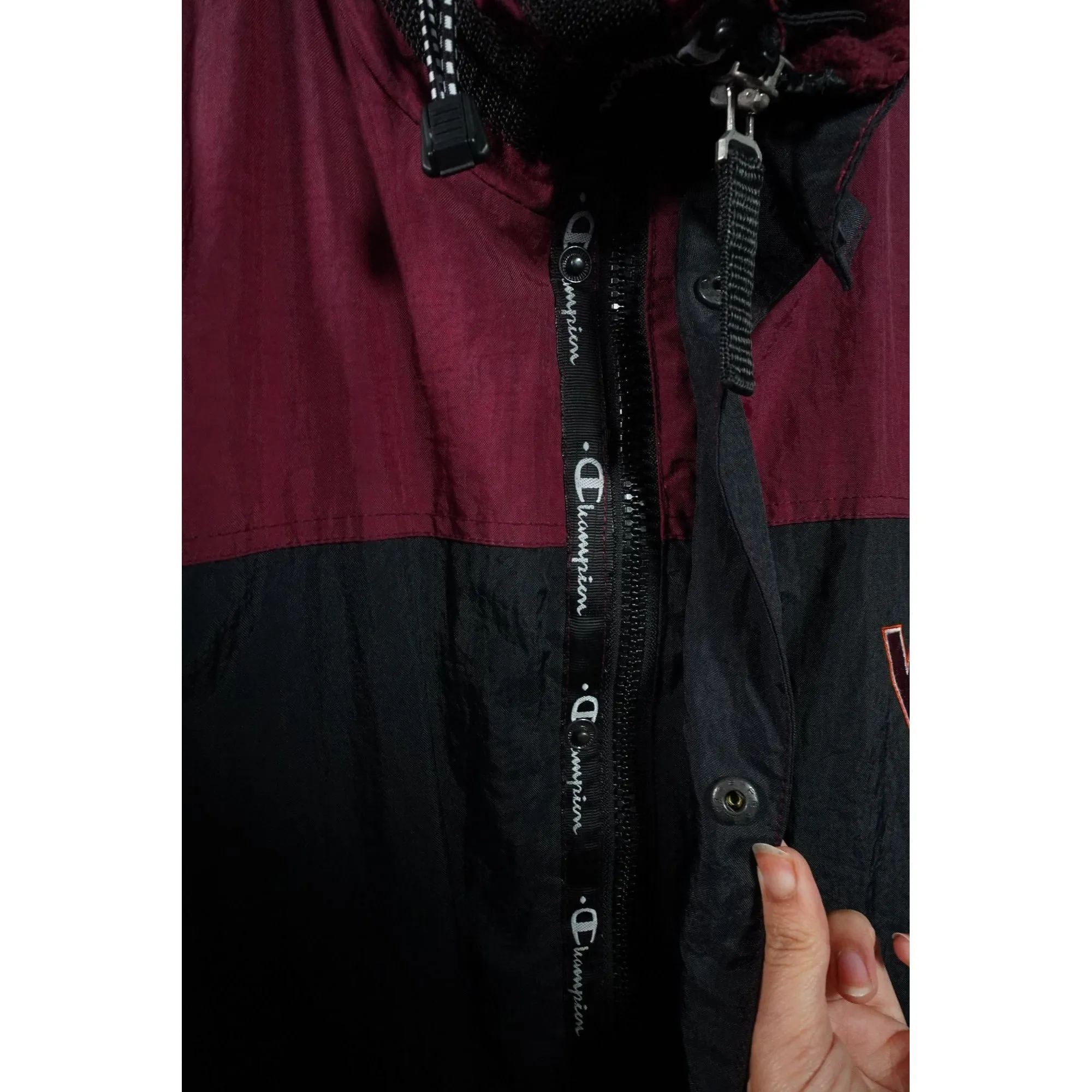 "Retail" Vintage Champion VT Virginia Tech Snap/Full Zip Puffer Jacket Black/Maroon XL